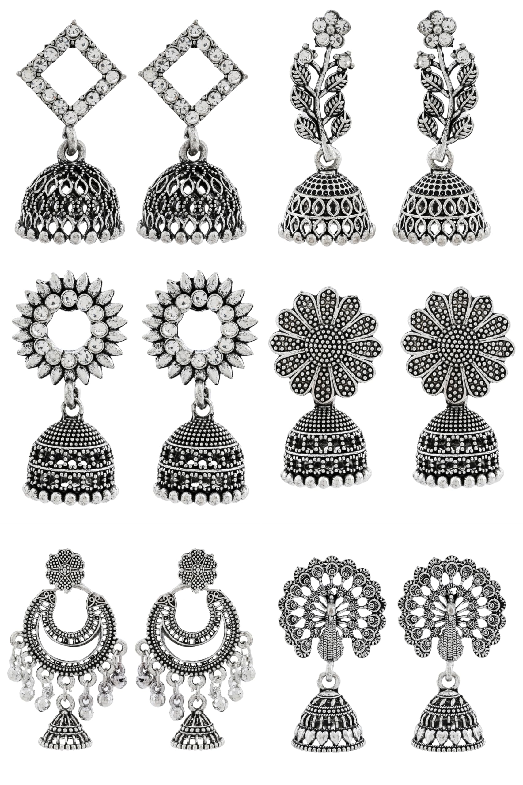 Traditional Oxidised Silver Jhumka Earrings Set, Antique Ethnic Design with Crystal Stones, 6 Pairs