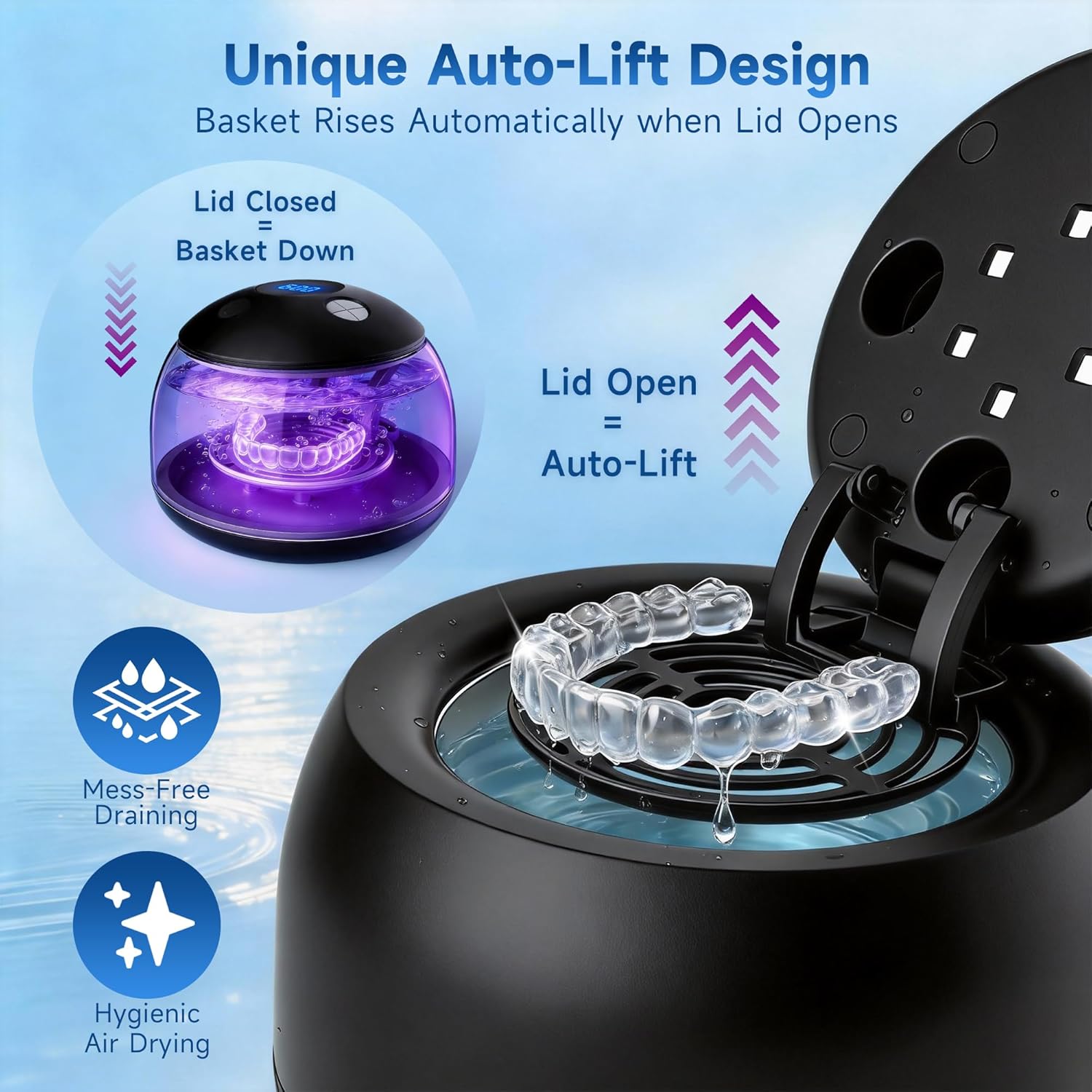 Ultrasonic Retainer Cleaner Machine, 45kHz Denture Dome with UV Light,Dental Cleaning POD for Aligners, Mouth Guards, Night Guards, Toothbrush,Jewelry,200ML Capacity (Black)
