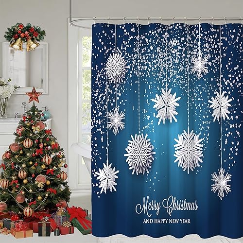 YOSTEV Cortina de ducha azul de Navidad, cortinas de ducha de copos de nieve de Navidad para decoración de baño, cortina de ducha de vacaciones de