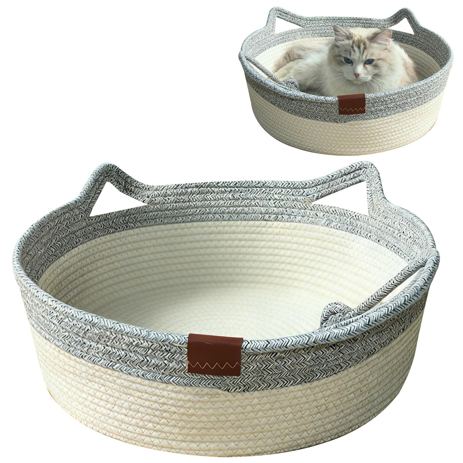 Cat Basket, Round Cotton Rope Cat Bed Scratching Pad, Breathable Foldable All-Season Pet Basket with a Playing Ball Toy, Boho Rope Woven Cats Bed (Grey) — image 1