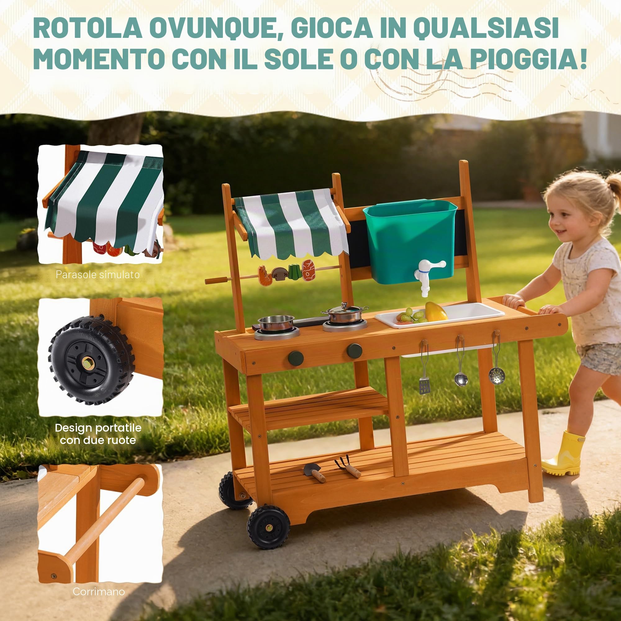 ROBUD Cucina esterna in legno per bambini con ruote, WG430