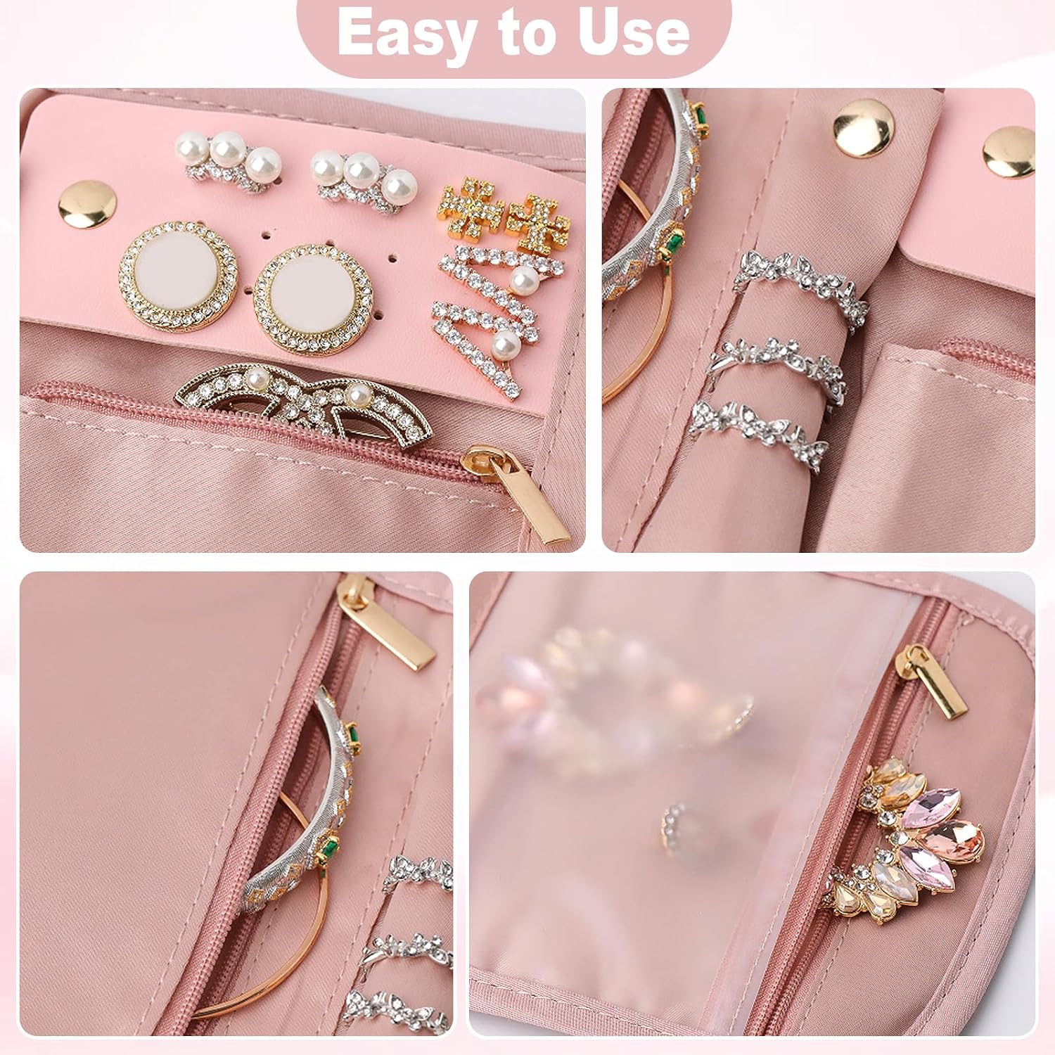 Travel Jewelry Organizer Roll – Foldable Jewelry Storage Bag for Rings, Necklaces, Earrings & Bracelets, Portable Mini Soft Pink Travel Jewelry Case for Women