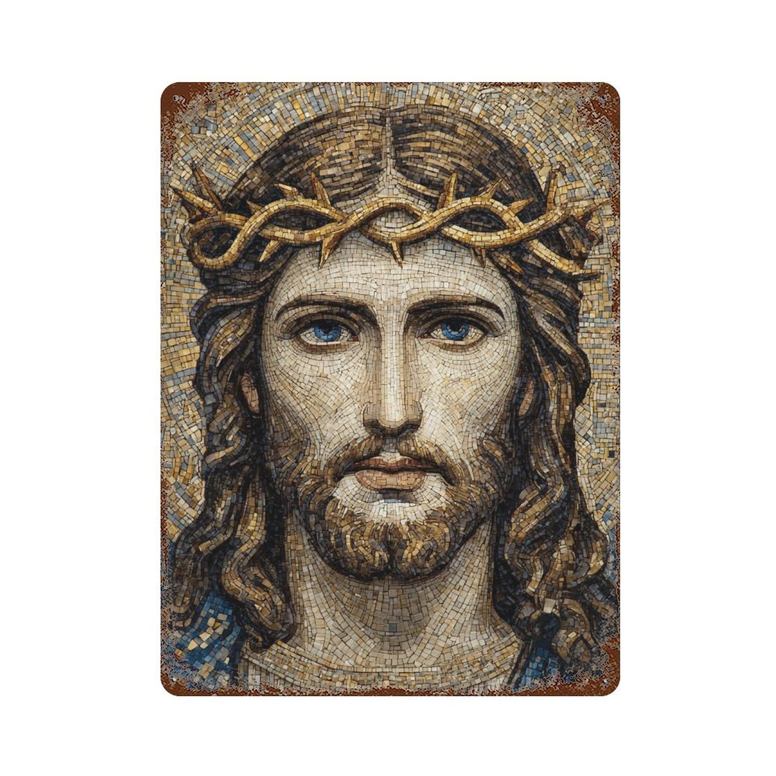 Distressed Metal Wall Sign with Religious Icon Mosaic Art Design 15.7"x11.8", for Cafe, Home Bar And Lounge Decor, Retro Wall Decor