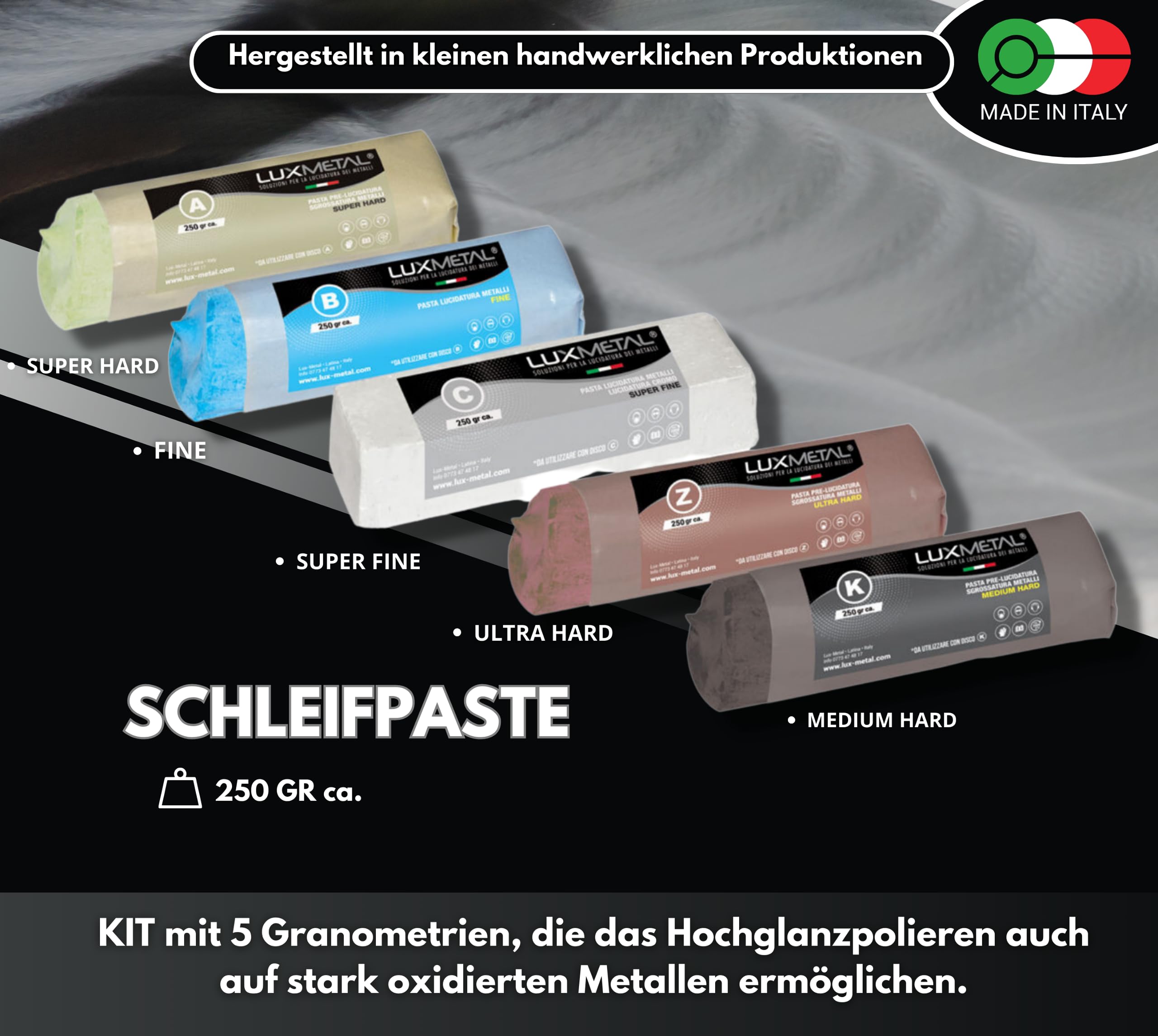 Lux Metal 5 polierpaste 250 g - 5 Polierscheibe 100 mm, Polierset Set DIY kit Schleifpaste Metall, Aluminium, für Bohrmaschine, Edelstahl, Messing, Kupfer, Holz, Kunststoff, schleifmaschinen, Messer