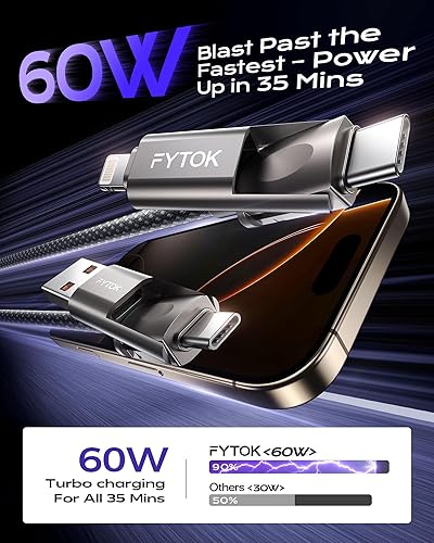 Miniatura 4 de Cable USB C de carga rápida de 60 W para iPhone de 6 pies, [certificado Apple MFi] USB a USBC a Lightning, cable de carga 4 en 1 con tipo C/USB A