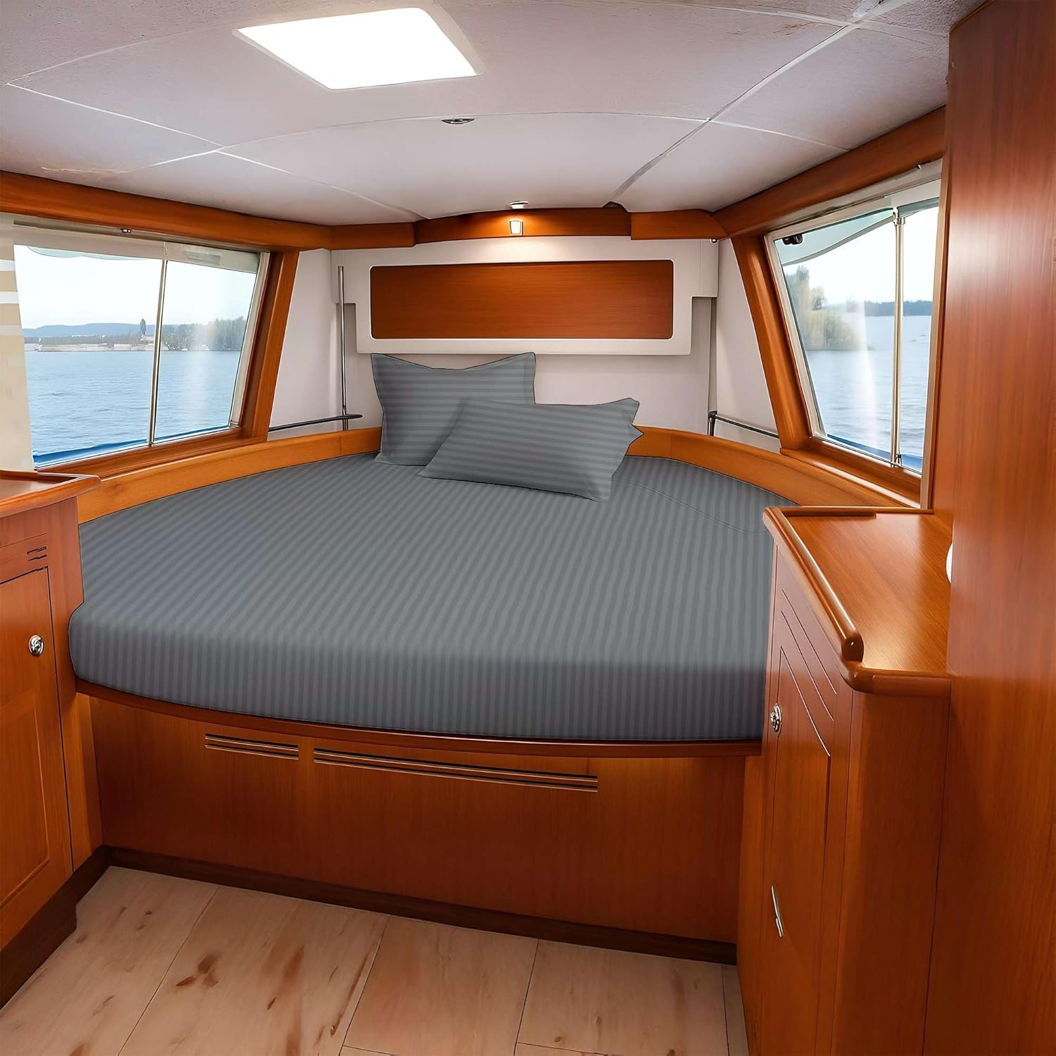 4 Piece Boating Sheet Set - Specially Designed for Universal V Berth (Head 88”, Length 82”, Foot 20”), Fits mattresses up to 8” Depth - Great Gift for Boaters! (Dark Grey Stripe)