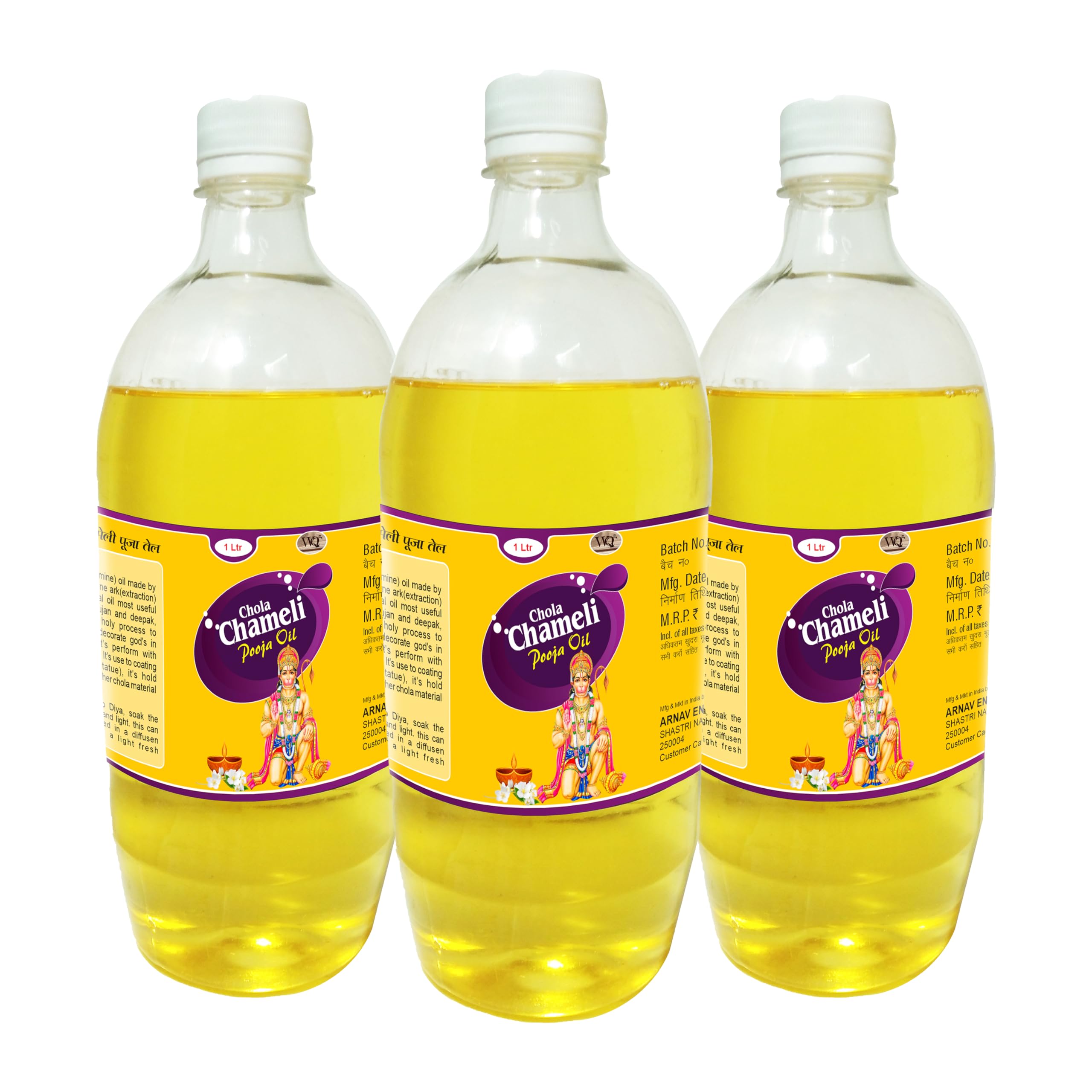 WQT - Chola Chameli Pooja Oil 1000 ML Pack of 3 For Pooja, Hawan, Hindu Festival, Religious Pooja