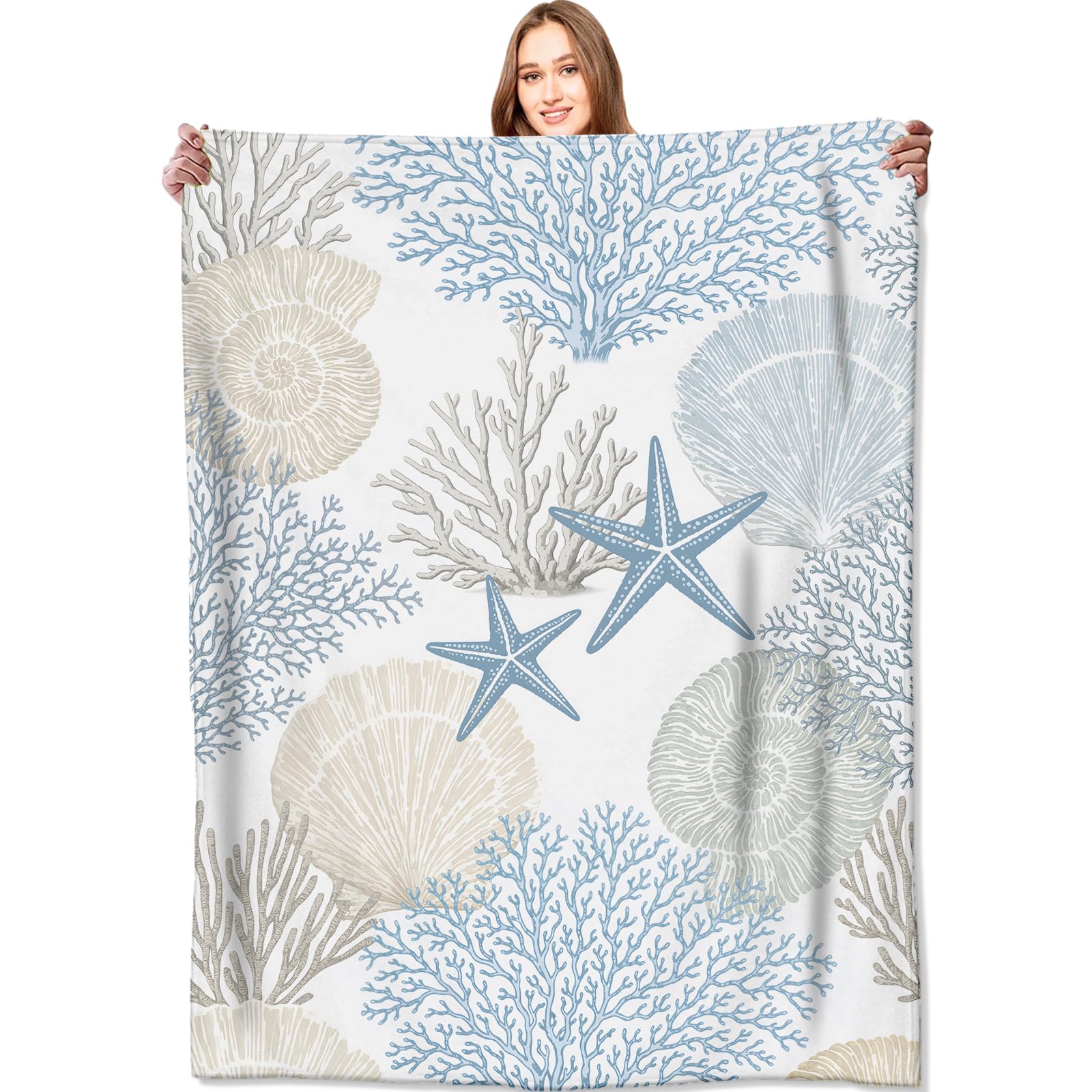 Nautical Beach Flannel Throw Blanket 50x60 Inch, Blue Beige Coral Seashell Starfish Ocean Decor