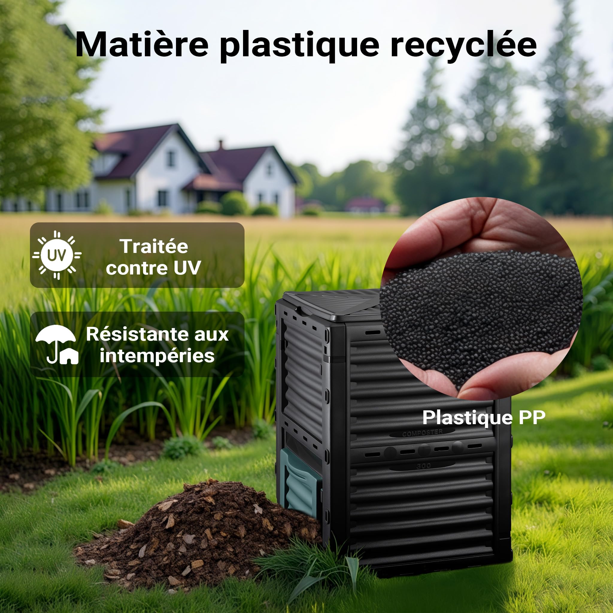 Wiltec Composteur de Jardin 300 l – 61 x 61 x 82 cm – en Plastique Robuste – Bac à Compost – Compostage Rapide Jardin privé – Horticulture Jardinage