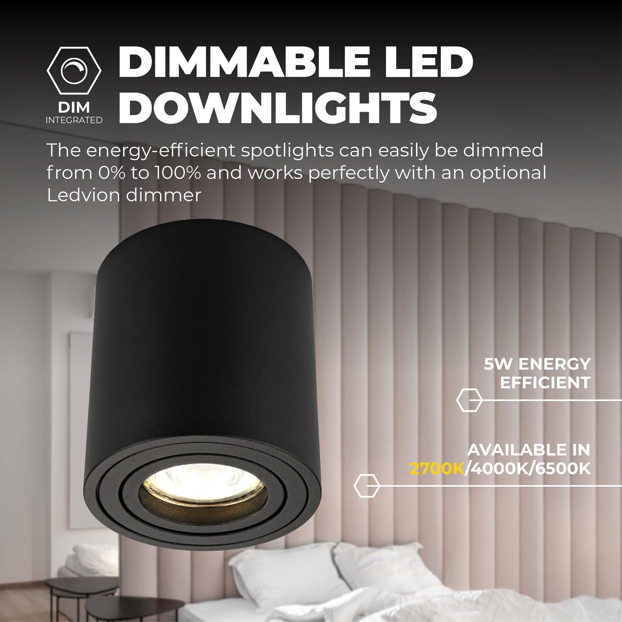 Ledvion 6er Set LED Aufbauspot Schwarz Rund 3W Warmweiss dimmbar | mit Leuchtmittel geliefert; fuer Decke Flur Kueche und Wohnraum