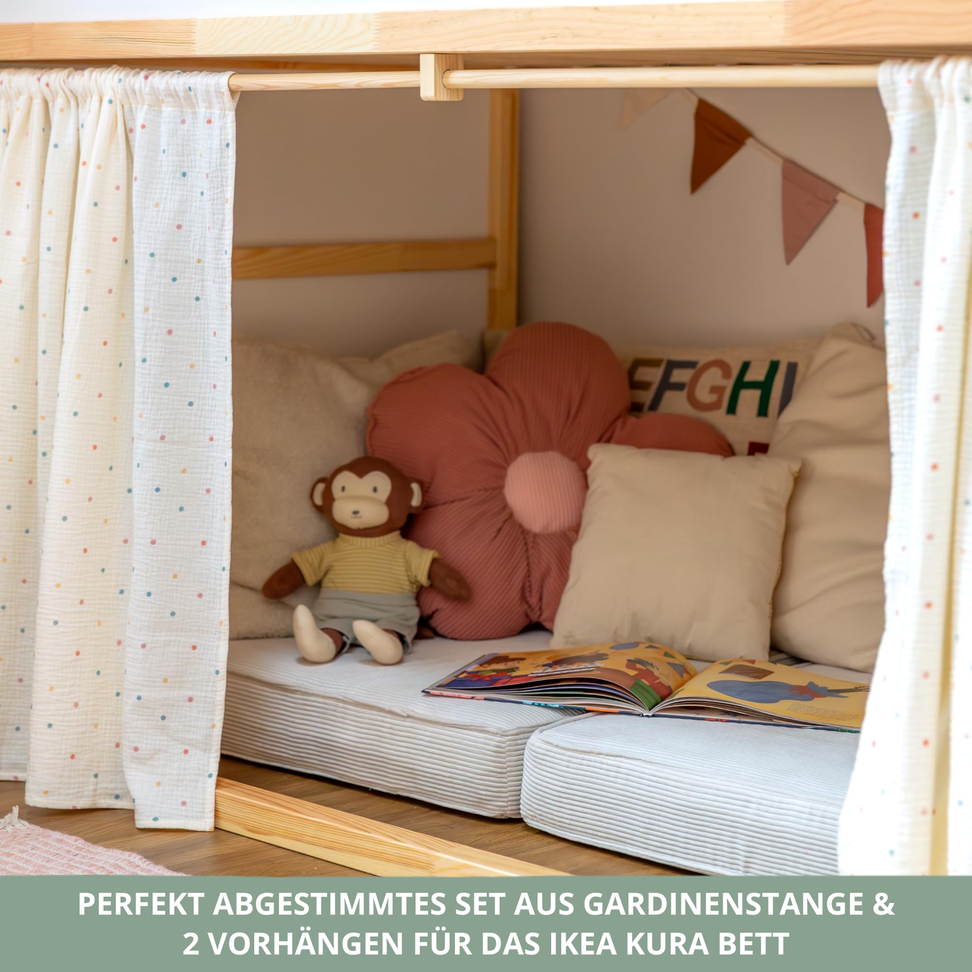 Vorhangset für IKEA KURA Bett - Pünktchen, Leiterseite | Vorhangstange aus massivem Kiefernholz + 2 Vorhänge aus 100% Baumwolle · macht das Bett zur Kuschelhöhle