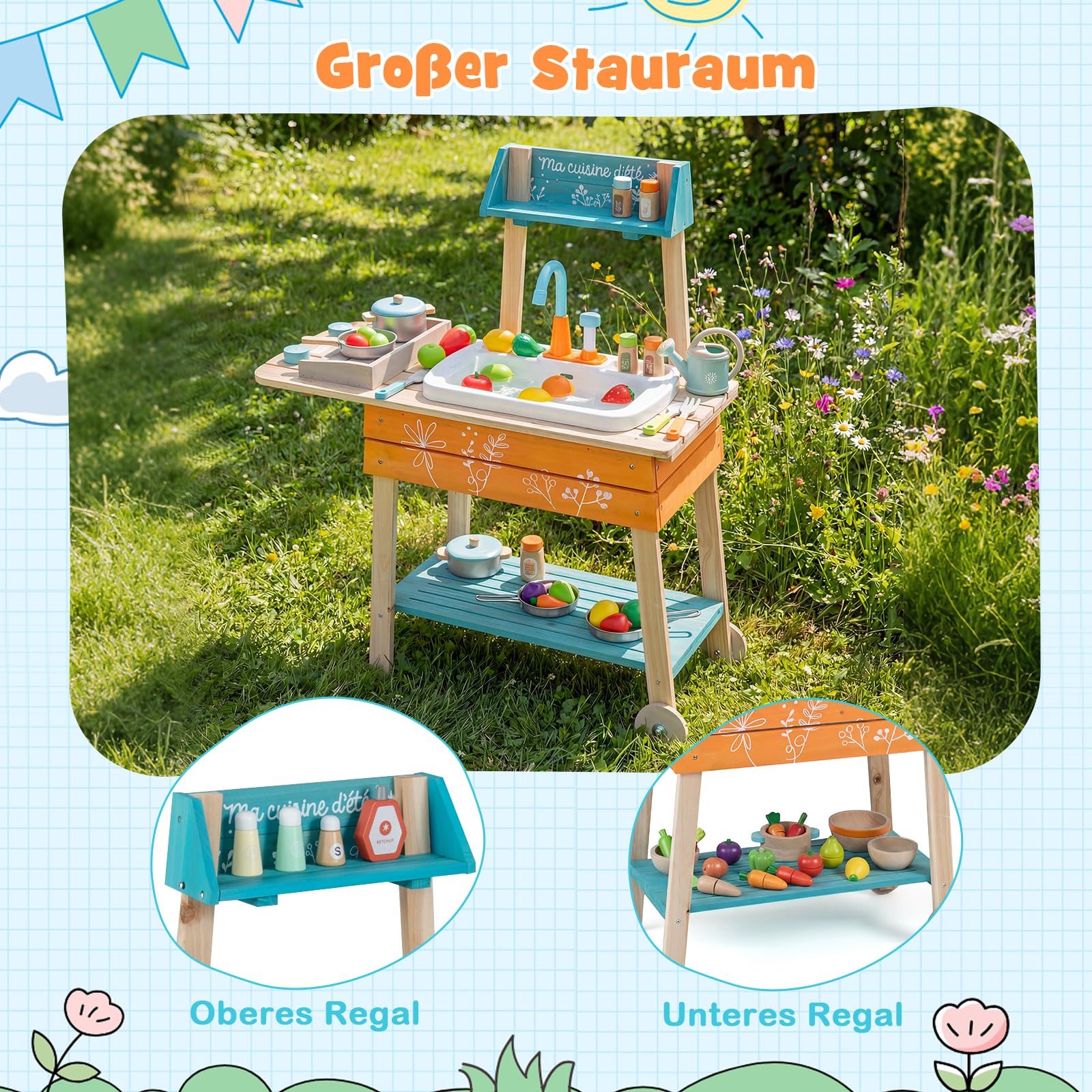 COSTWAY Matschküche Kinder Outdoor, Kinderküche Holz inkl. Spülbecken mit Wasserpumpfunktion, Gartenspielküche mit Grillrost, Outdoorküche für Kinder