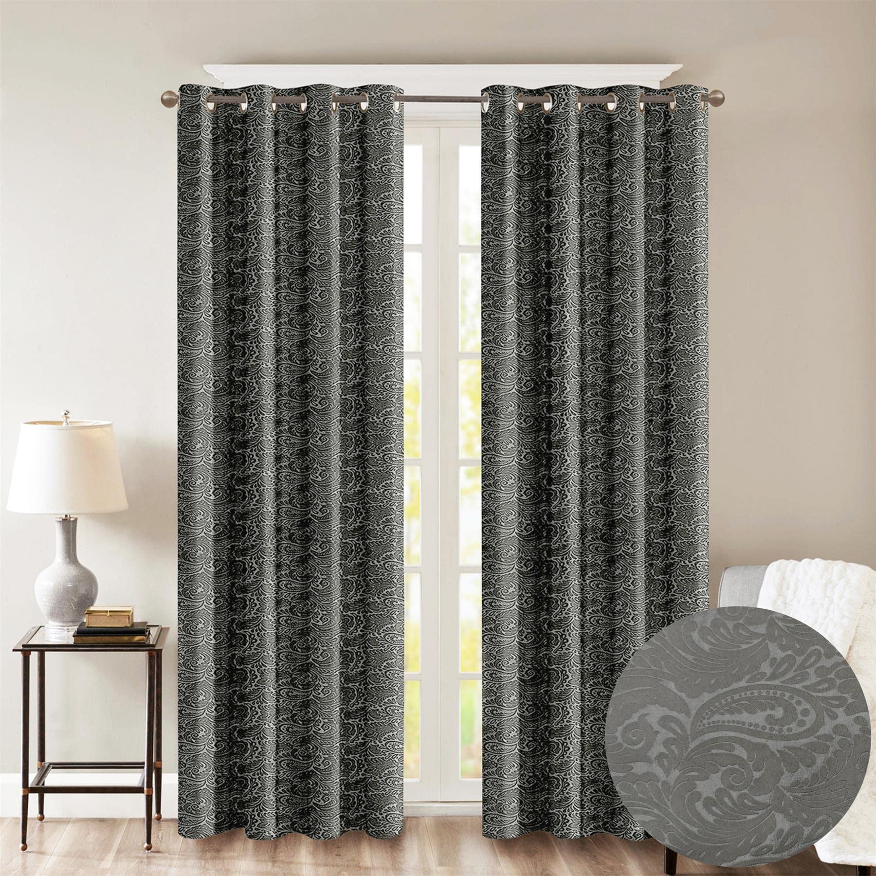 Roseley Embossed Eyelet Curtains Leafy Paisley Patterns Elegant Blackout Living Room Bedroom Dimout Window Treatment [Charcoal, 46" x 54"]