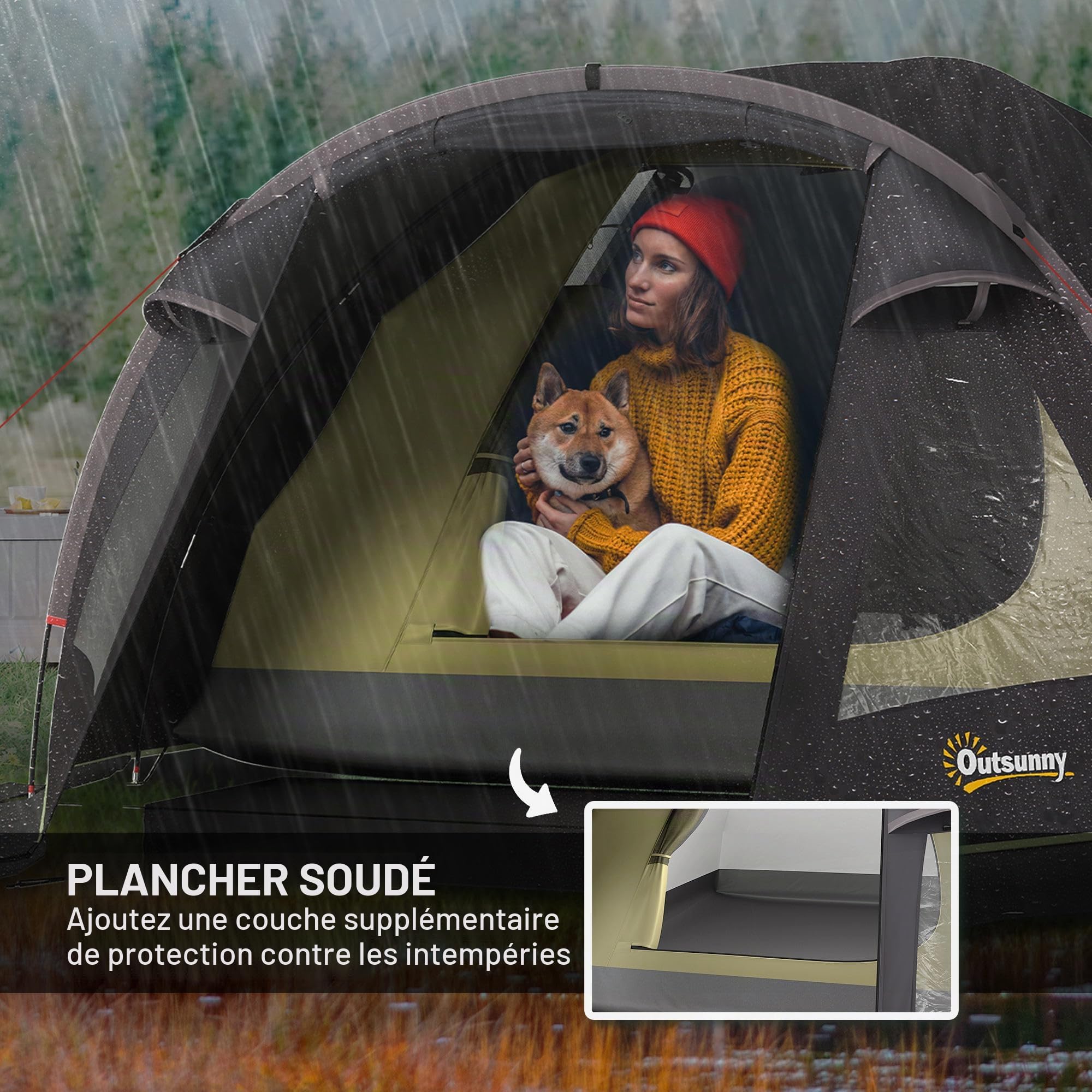 Outsunny Tente Tunnel Camping 3000mm 2 pièces 330x190x120cm Noir