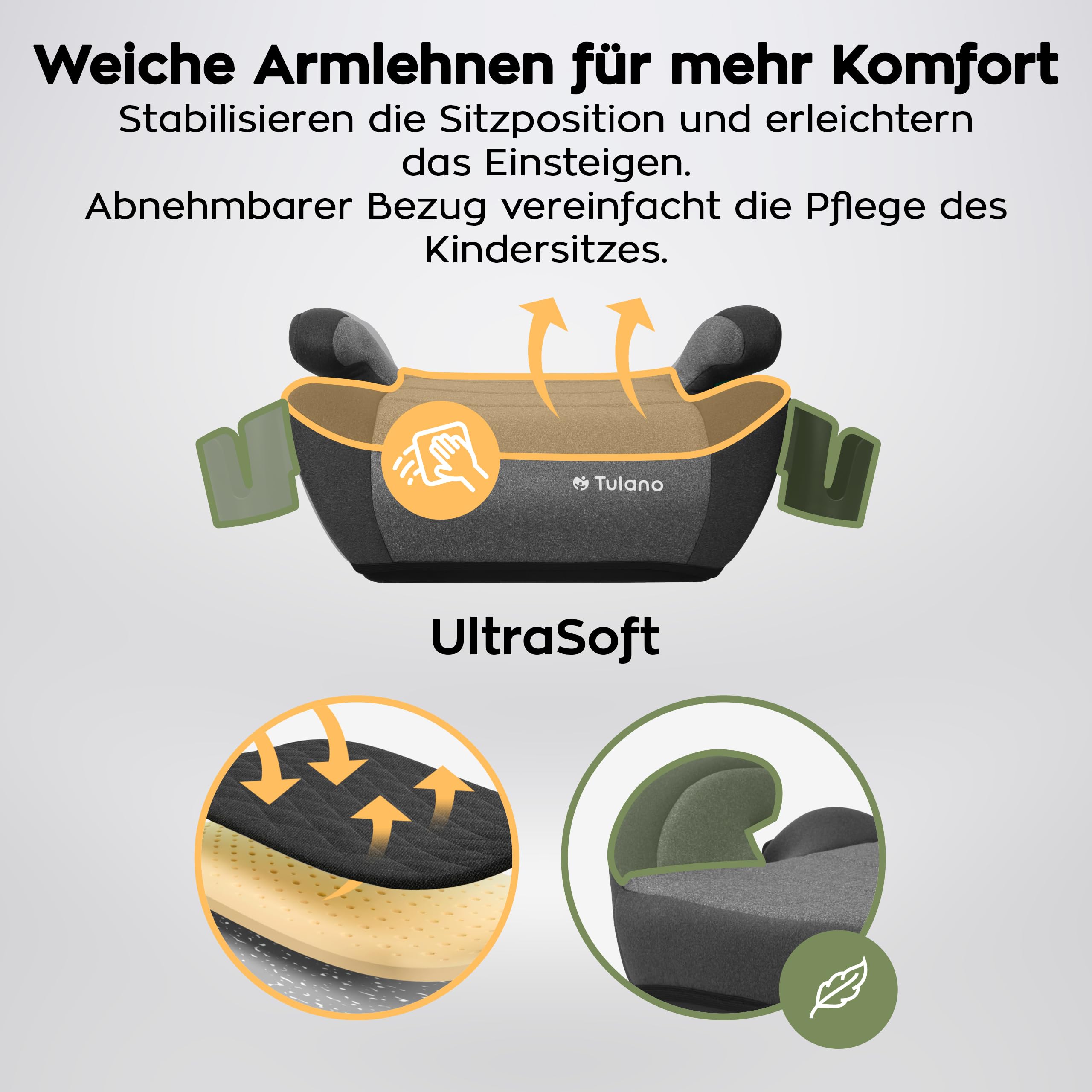 Tulano Cabby 35 Kindersitz - 15–36 kg - 125–150 cm ab 4 Jahren - ISOFIX | sichere Sitzerhöhung Auto Kinder - Vorwärtsgerichtet - ergonomisch gepolsterte Sitzfläche - waschbarer Bezug – Grau
