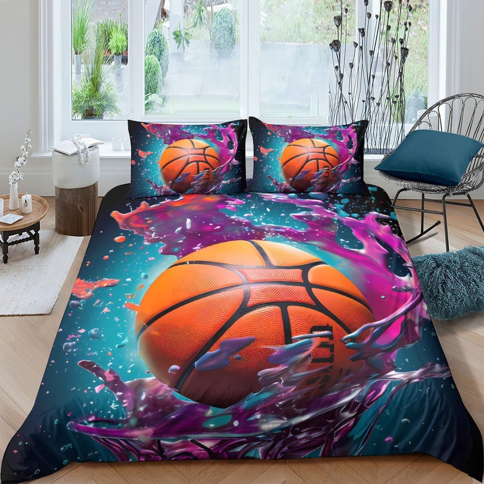 Ctjqhvkz Style-3 3D Printed Basketball Splash Fitted Sheet Microfiber Soft Breathable Graffiti Bed Cover For Bedroom Dorm Decor Single（135X200cm）