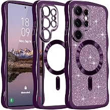 Wavy Phone Case for Samsung Galaxy S26 Ultra Glitter Magnetic, Luxury Bling Cute Clear Curly Plating Bumper, [Compatible with MagSafe] Glossy Soft Silicone TPU Shockproof Cover, Purple