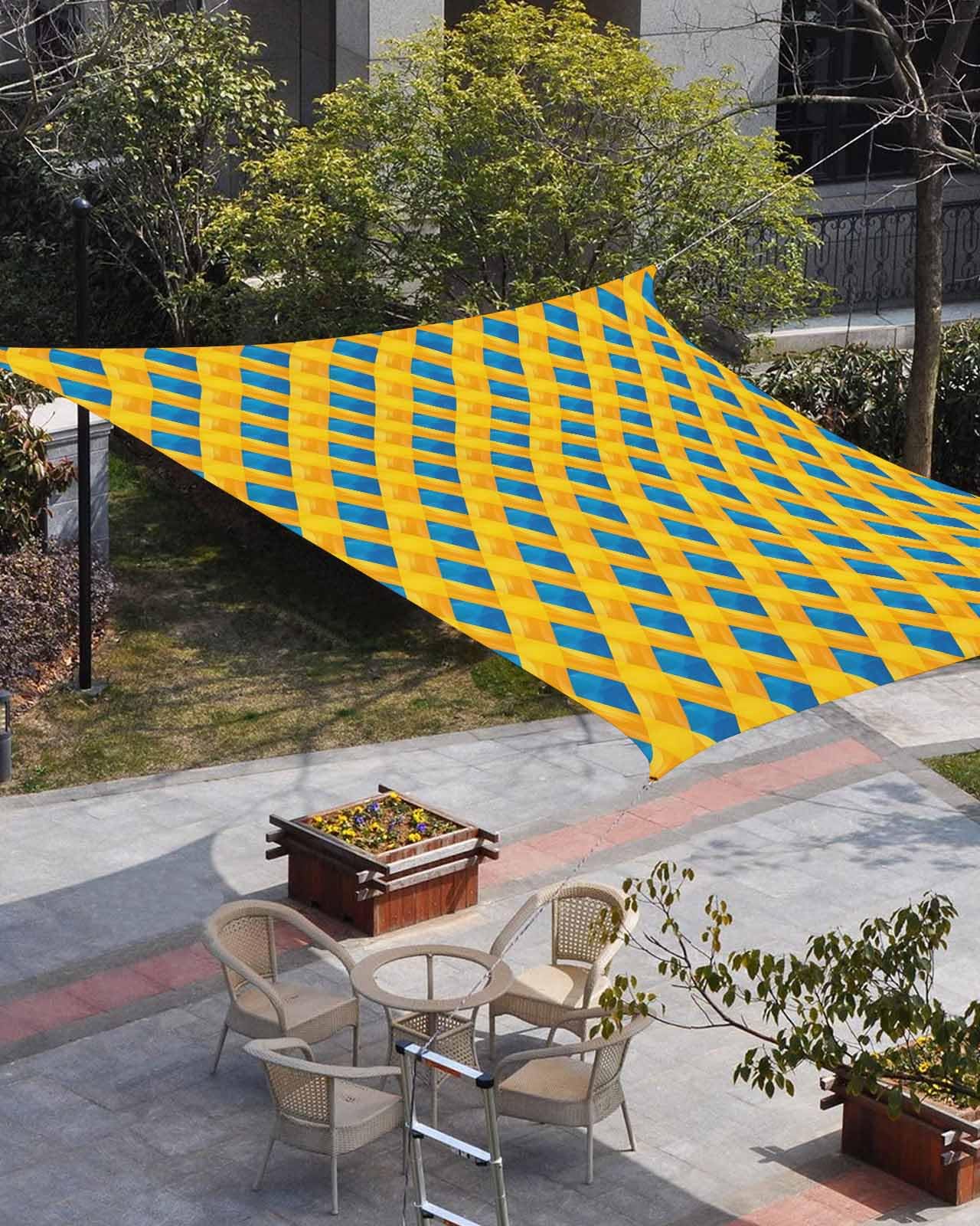 Waterproof Sun Shade Sail Yellow Blue Watercolor Rhombus Plaid Outdoor Patio Sun Shades Canopy UV Block Water Resistant Sunshade for Garden Backyard Deck Pergola 12x16 Ft
