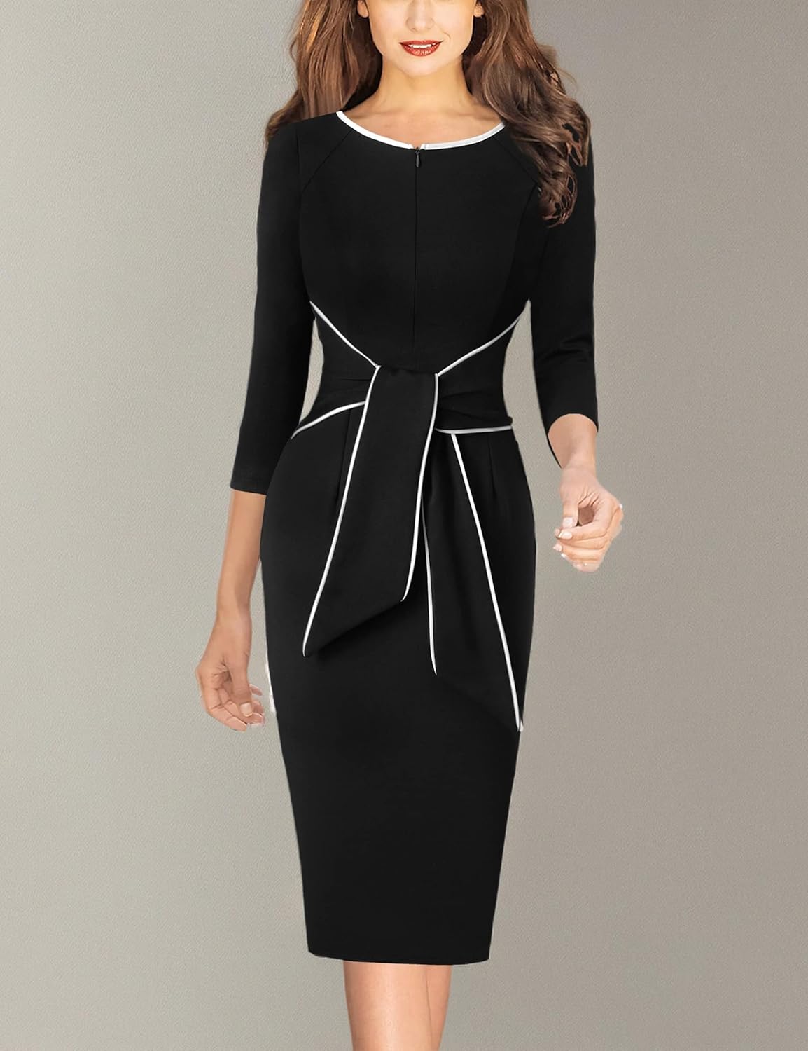 VFSHOW Womens Front Zipper Tie Waist Bow 3/4 Sleeve Slim Fitted Work Business Office Party Bodycon Pencil Sheath Dress