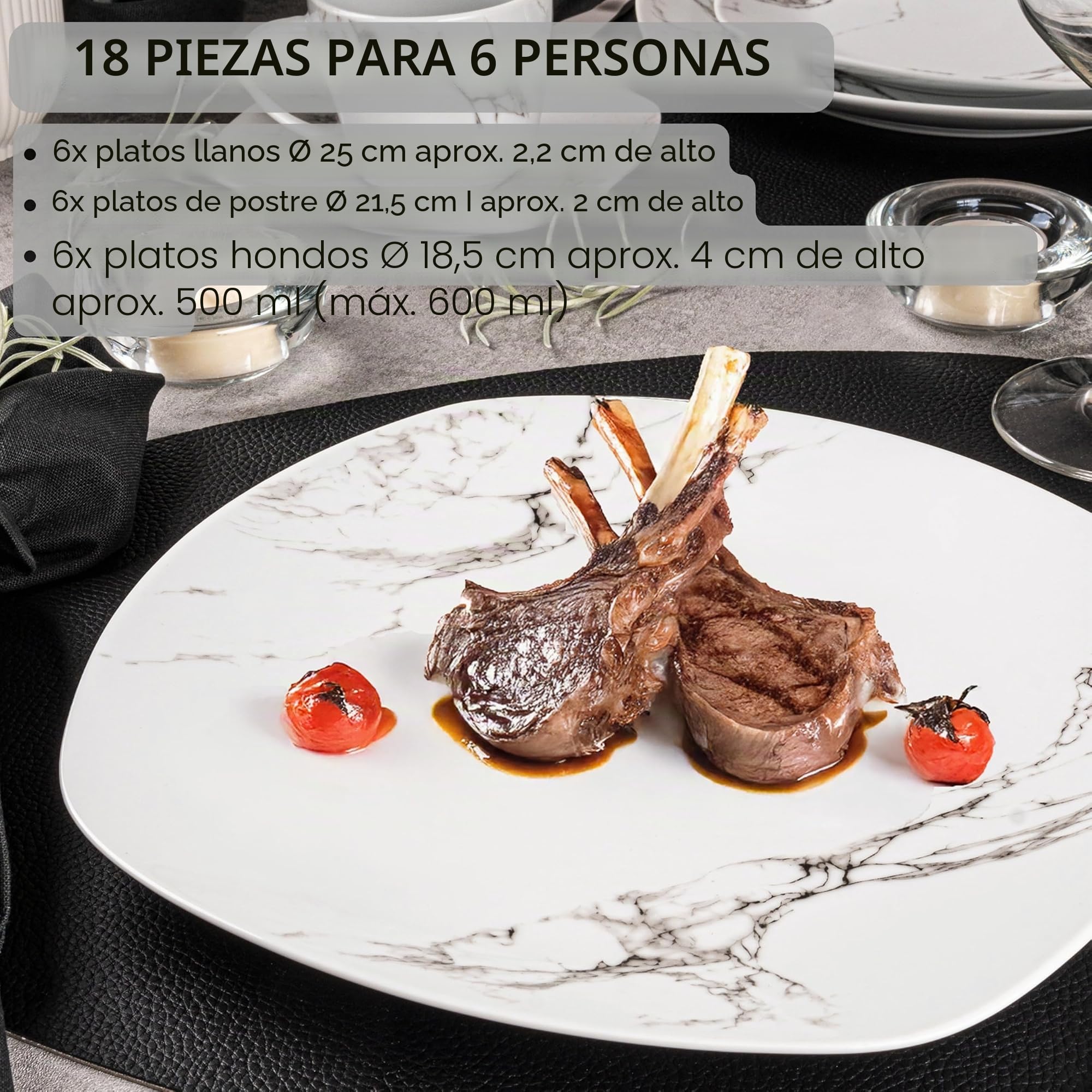 SÄNGER Vajilla Bilgola de mármol blanco, juego de 18 piezas para 6 personas con platos de sopa y postre y platos llanos de porcelana, juego de platos, vajilla rectangular, colección premium