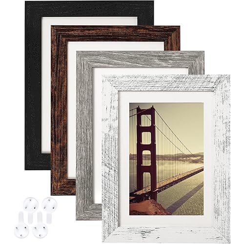 BAIJIALI 5x7 Picture Frame Distressed Farmhouse Wood Pattern Set of 4 with Tempered Glass,Display 4x6 Photos with Mat or 5x7 Without Mat, Horizontal and Vertical Formats for Wall and Table Mounting,Multicolour