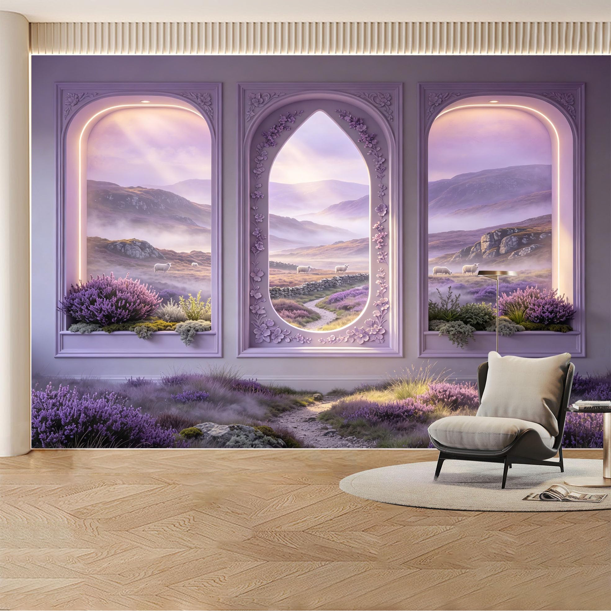 Custom Wall Mural Wallpaper Lavender Mountain Landscape Nature Large Wall Art Mural Design Misty Nordic Sunset Removable SelfAdhesive Large Photo for Living Room， Bedroom， Office