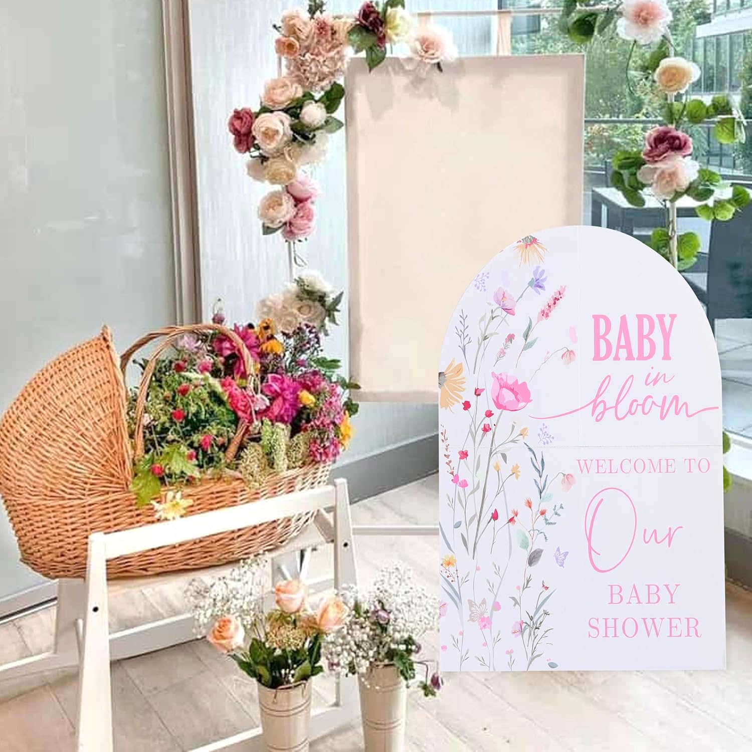 Baby in Bloom Display KT Board, Welcome to Our Baby Shower, Wildflower Girl Party Shower Welcome Poster, Blush Pink Floral Party Decor