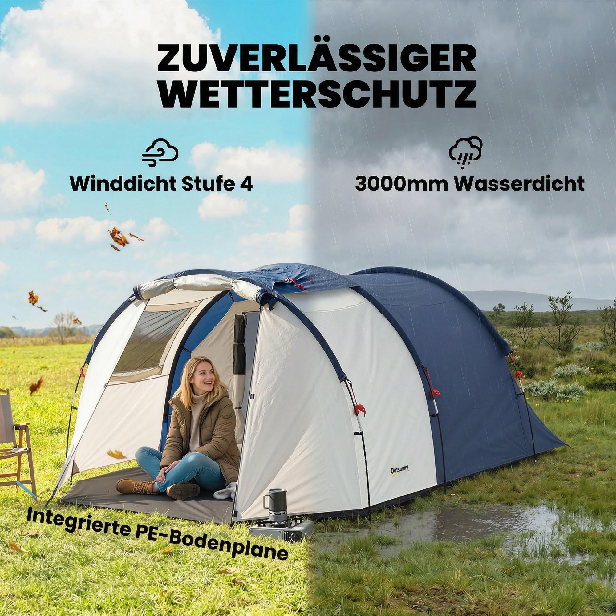 Outsunny Tunnelzelt 4 Personen Familienzelt mit Schlaf- und Wohnzimmer Fenstern Bodenplane Stehhöhe 3000 mm Wassersäule, wasserdicht Campingzelt mit Tragetasche Camping Zelt Marineblau+Cremeweiß