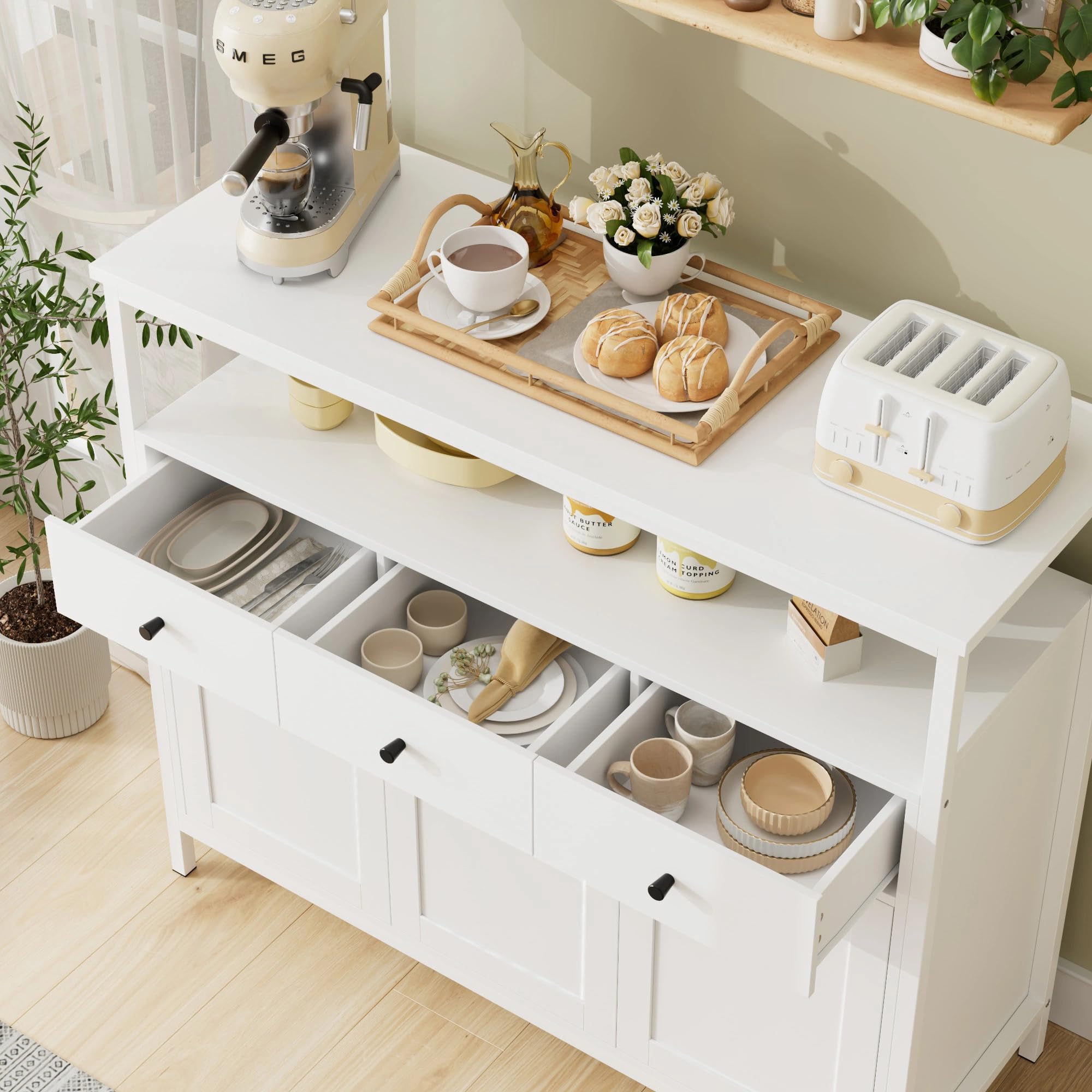FirFurd Kredens, szafka kuchenna z 3 szufladami, 3 drzwi, komoda kuchenna, szafka bufetowa do kuchni, salonu, jadalni, regulowana półka, 108x38x98.5cm, biały