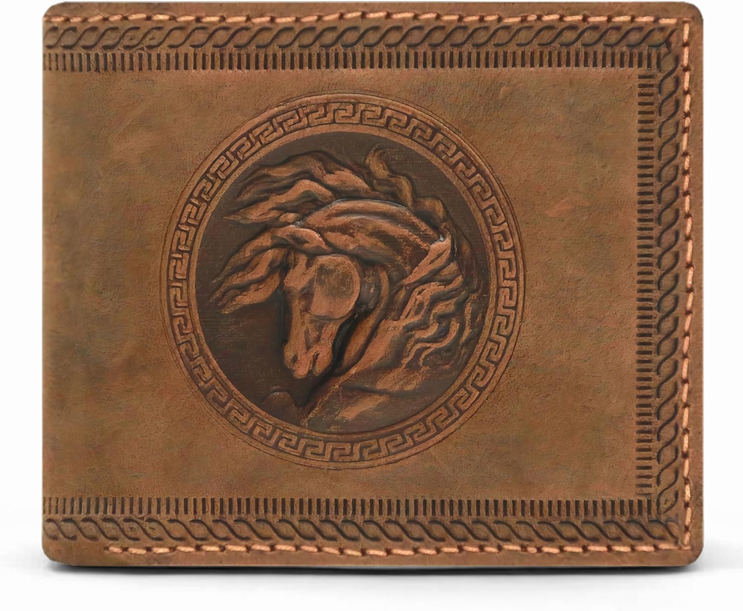 Leather Wallets for Men- 3D Embossed Horse Design Bifold Vintage Distressed Genuine Leather Wallet with Two Cash Pockets and Six Card Slots (Tan)