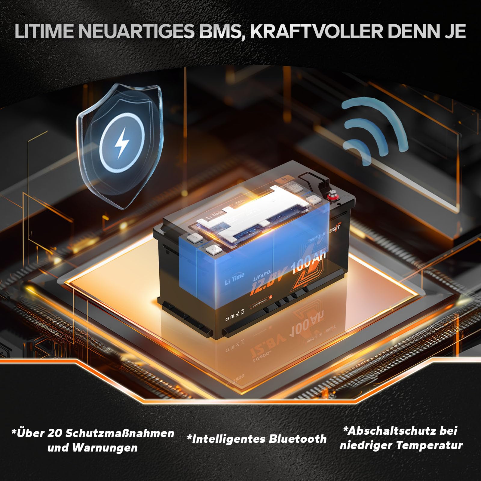 LiTime 12V 100Ah LiFePO4 Batterie Bluetooth H190, Wohnmobil-Untersitz DIN H8 L5 Größe Gruppe 49, 100A BMS 1280Wh Lithium Akku Tieftemperaturschutz Max. 15000 Zyklen, Perfekt für Camping, RV