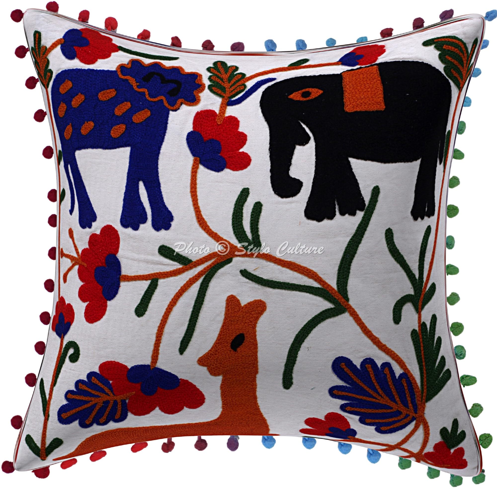 Indische Dekorativ Baumwolle Sofa Kissenbezüge 40x40 cm Weiß Dekokissen Suzani Bestickte Pom-Pom-Spitze Wohnzimmer Couch Kissenhullen Blumen Quadrat Reißverschluss Kissen Bezüge - 4 Stk.