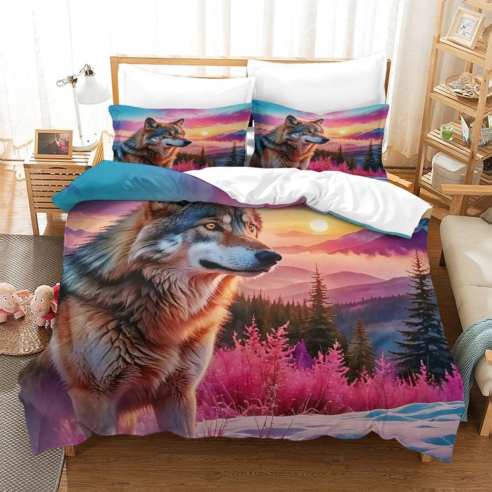 Linge de lit loup 3D King anti-plis en microfibre douce pour lit de 2 personnes