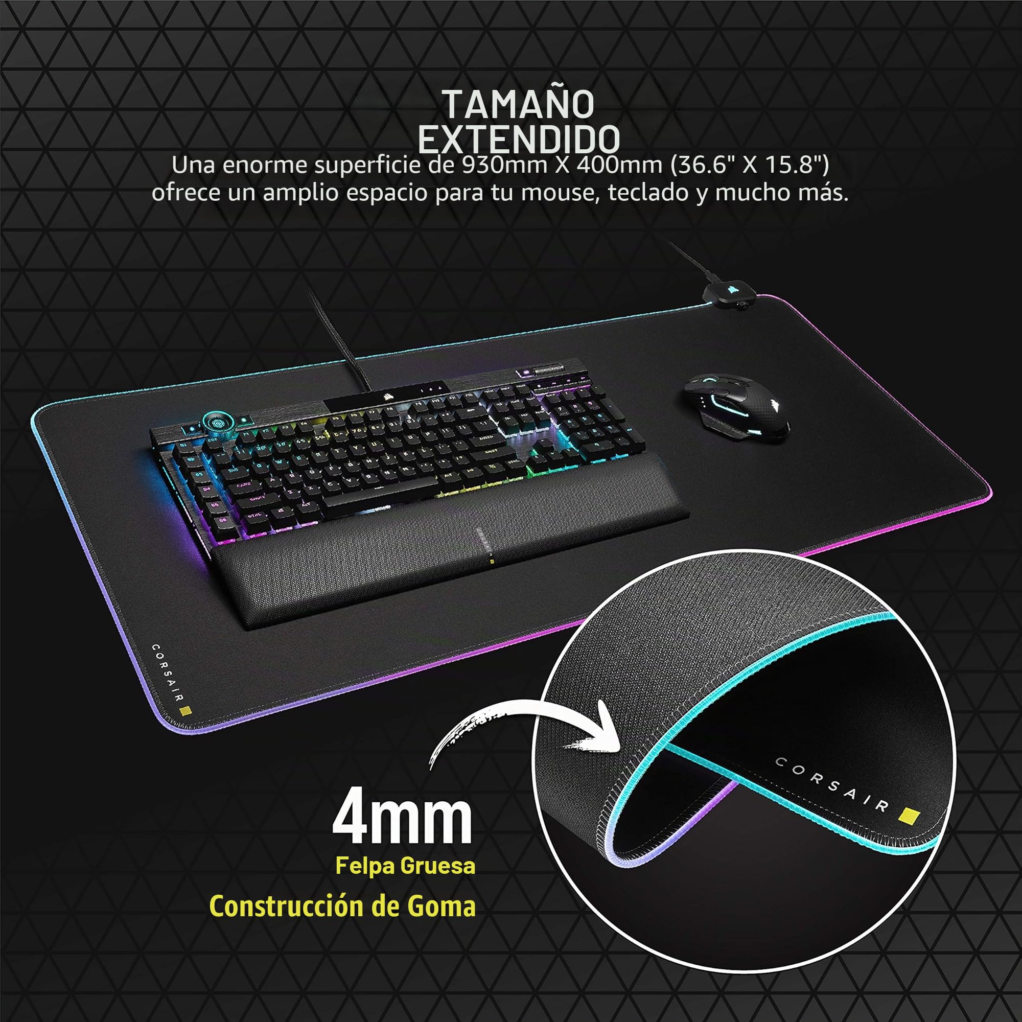 Corsair MM700 RGB Extended 3XL Alfombrilla de Ratón de Tela para Juegos - 1.220 mm x 610 mm (48" x 24") - Iluminación RGB 360° - Concentrador de Dos Puertos USB - Goma Gruesa - Negro