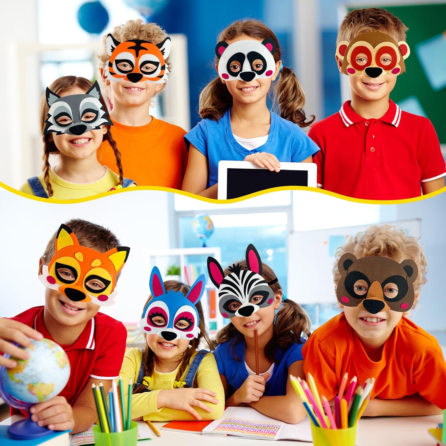 8 Pcs Felt Animal Masks for Kids, Fox Bunny Monkey Tiger Wolf Panda Zebra Bear Mask, for Zoo Birthday Halloween Christmas Party Decorations