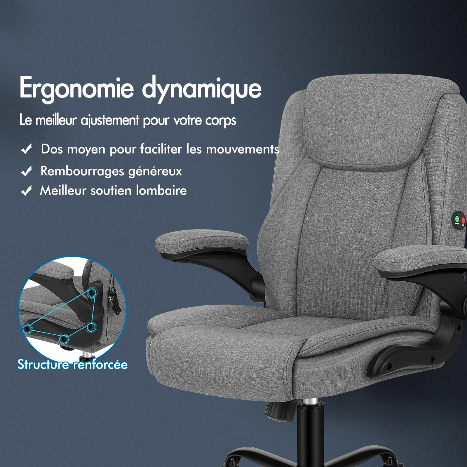 ALFORDSON Chaise de Bureau, Ergonomique, avec accoudoirs rabattables, en Lin, avec Ascenseur à gaz, Chaise de Jeu, pour Ordinateur, Table de Travail, Charge maximale 150 kg, Tissu Noir