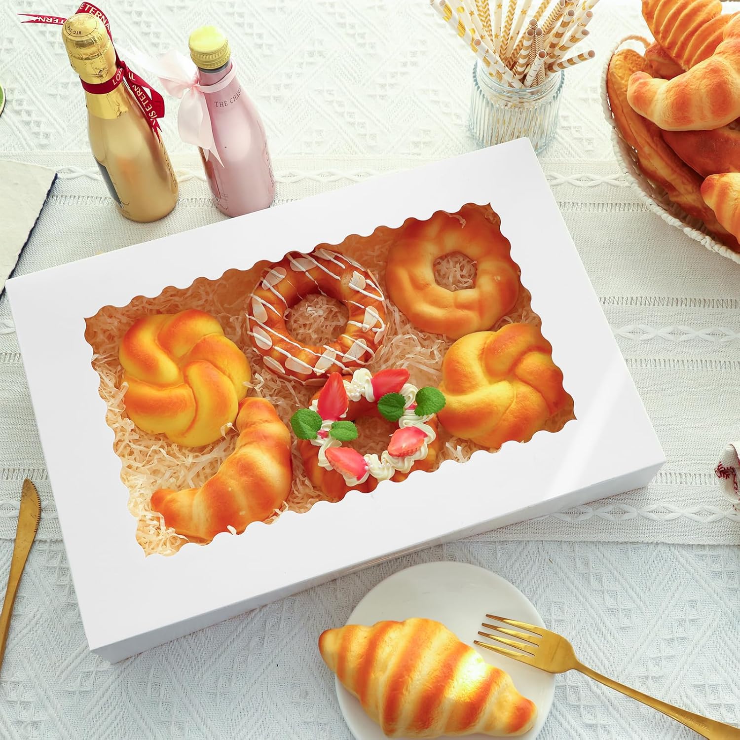Moretoes 40pcs Large Bakery Boxes, 16x11x2.5 Inches Auto-Popup Cookie Boxes with Window for Donuts, Treats, Pastries, Pies, Muffins, Chocolate Covered Strawberries