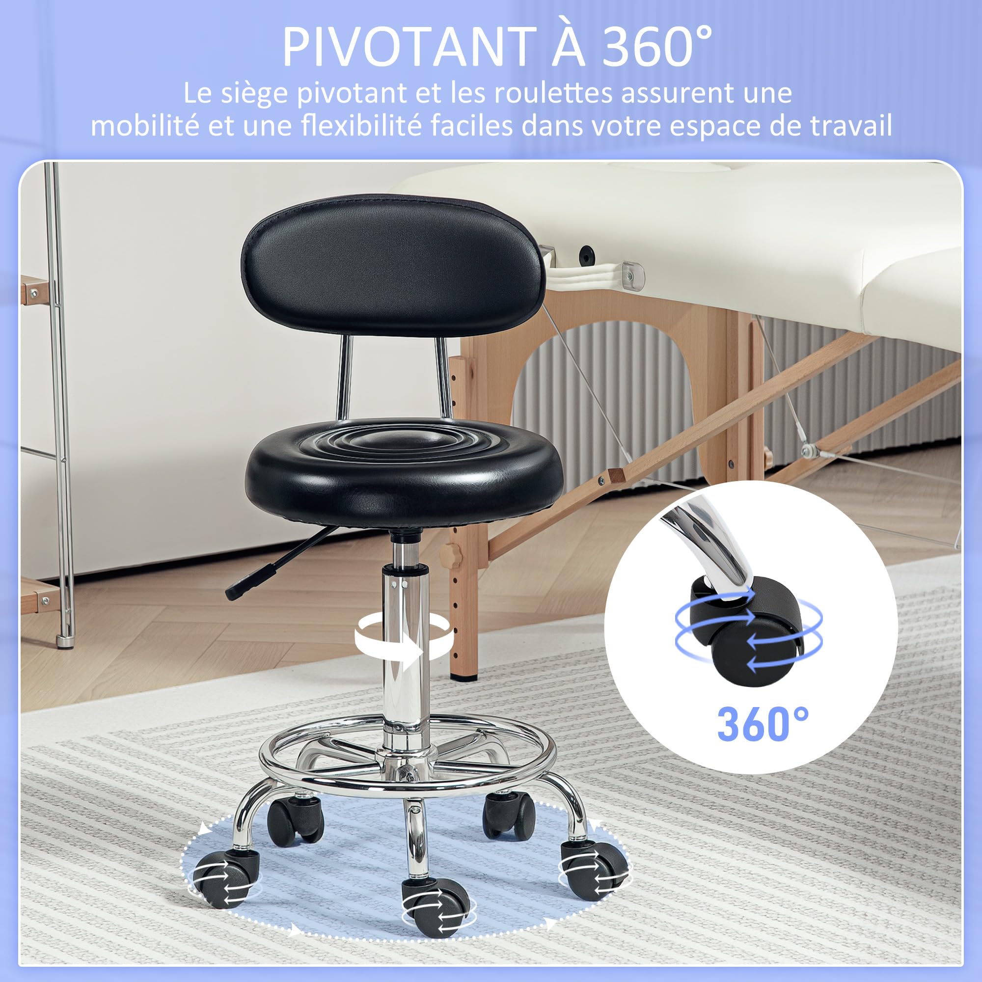 HOMCOM Tabouret à roulettes avec hauteur ajustable 70-86 cm, tabouret de massage pivotant avec dossier et repose-pieds, chaise de travail à roulettes pour salon de massage, tatouage, clinique, noir