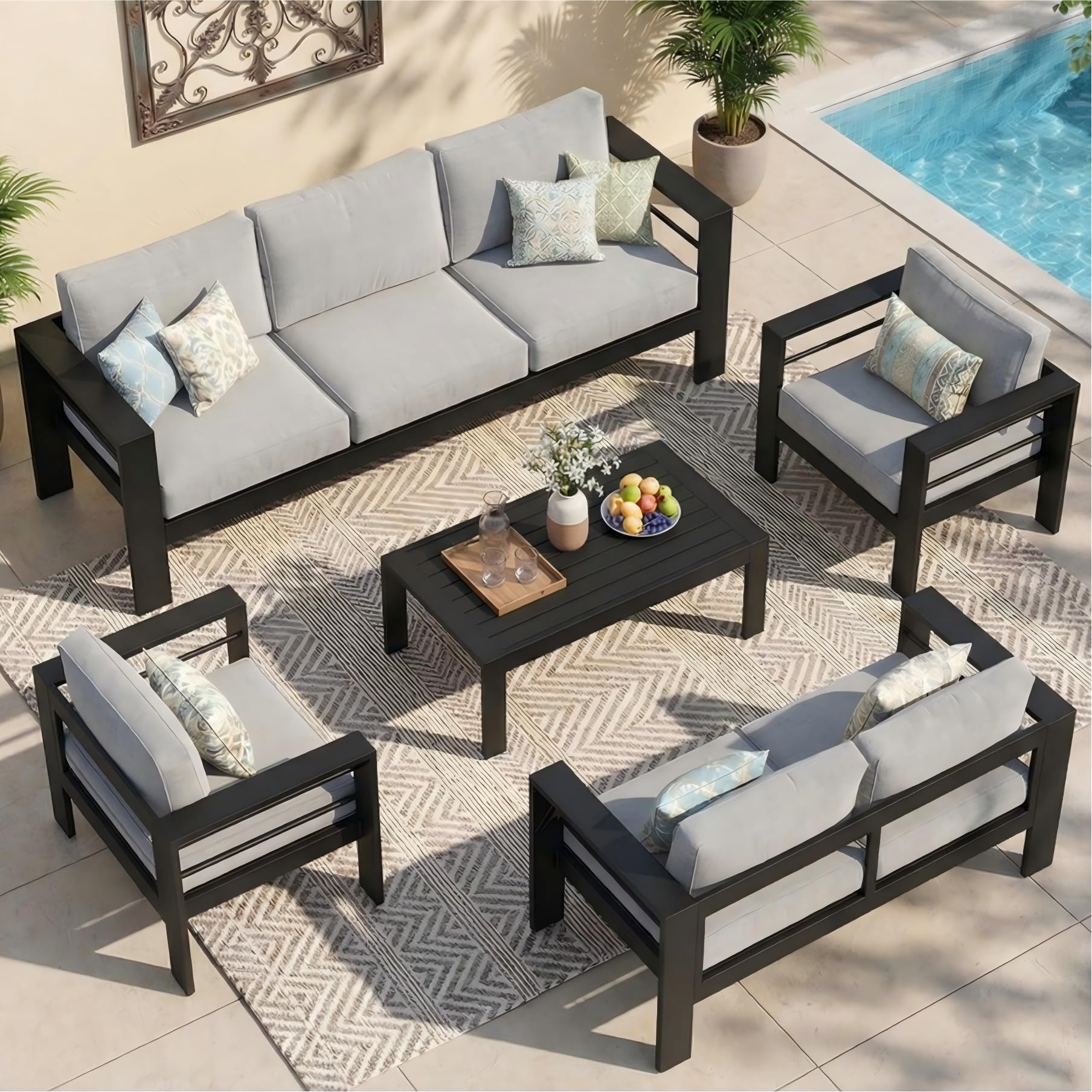 Wisteria Lane Aluminum Patio Furniture Set for All Weather, Oversized Metal Outdoor Furniture Set with 27.5" Deep Seat and Thick Back Cushion, Patio Conversation Sets with Wide armrest, Light Gray