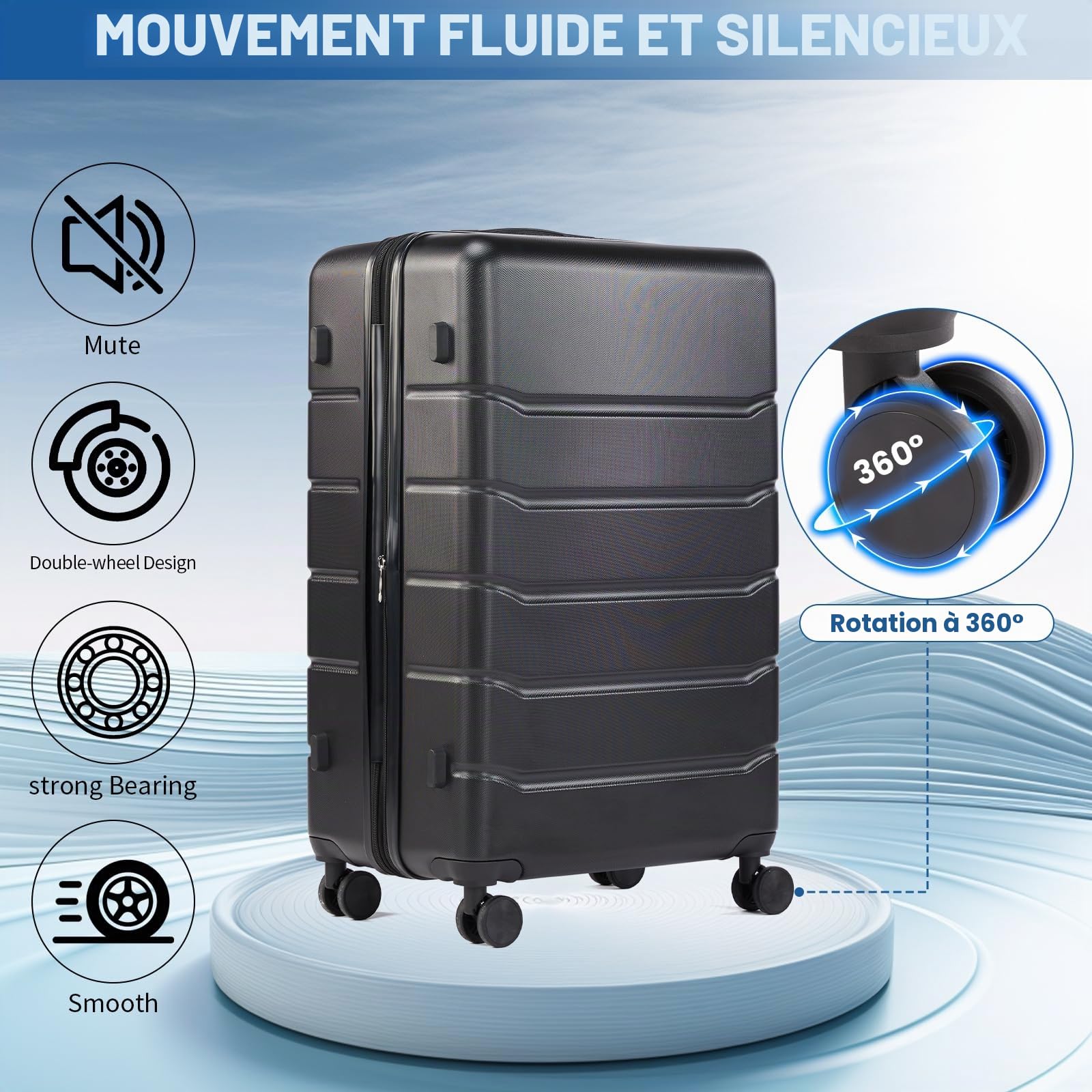 NEWBULIG Lot de 3 valises de Voyage, Extensibles et légères avec Roues rotatives, Serrure TSA, poignée télescopique et matériau ABS Durable, 50,8 cm, Noir, Noir, Tendance