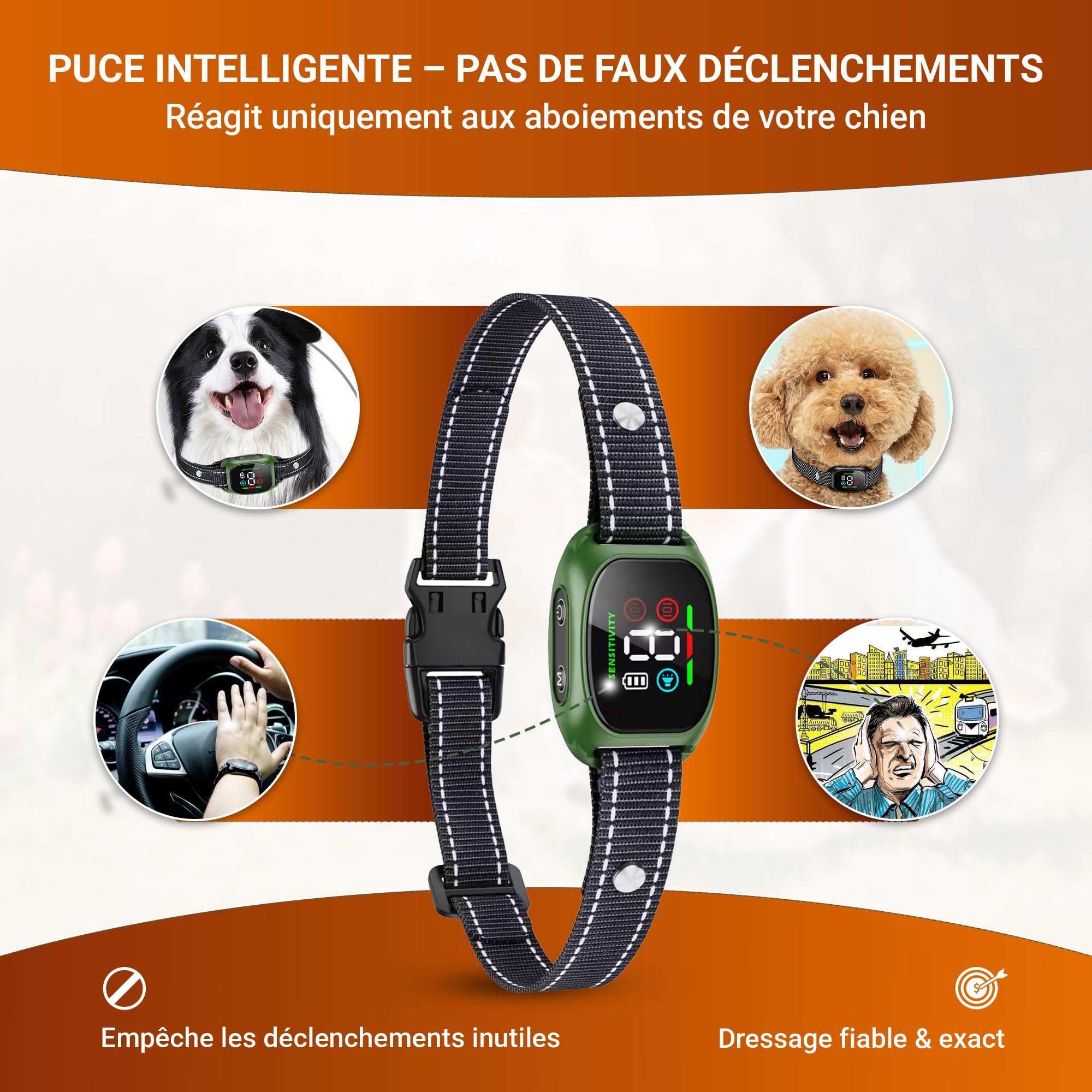 Collier Anti Aboiement Chien – sans Choc Rechargeable, 8 Niveaux de Sensibilité, Collier Electrique pour Chiens avec 4 Modes (Bip/Vibration/Vibration Forte) Étanché IP67, pour Petits et Gros Chiens
