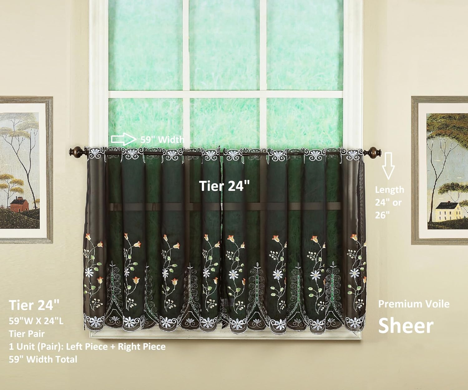Today's Curtain, Sorento Embroidered Sheer Tier 24", Black, 59" W x 24" L