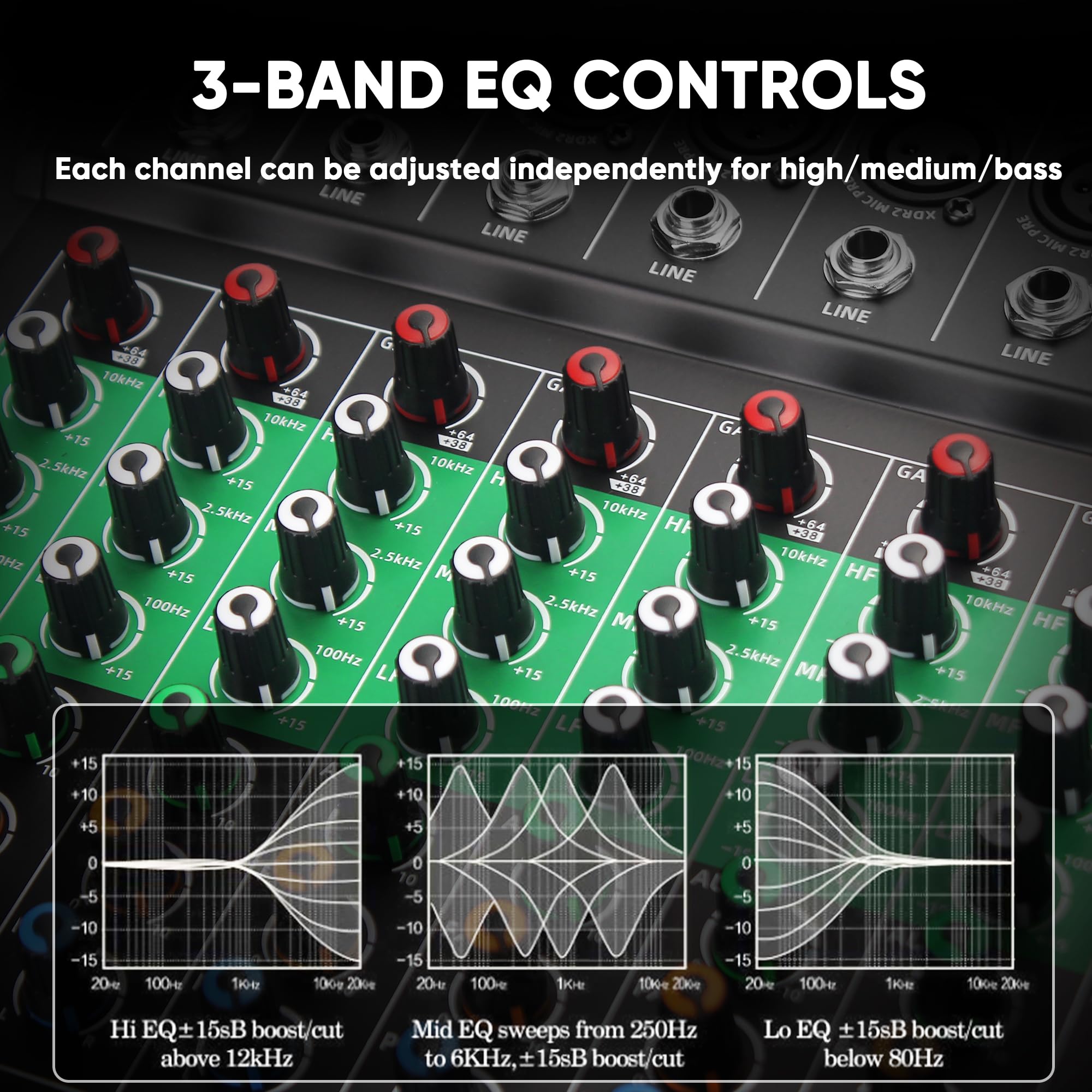 8 Channel Audio Mixer, Professional DJ Mixer Board Sound Music Mixing Console Digital Mixer with Reverb, Bluetooth, USB Port, 48V Phantom Power for Recording Karaoke Podcasting