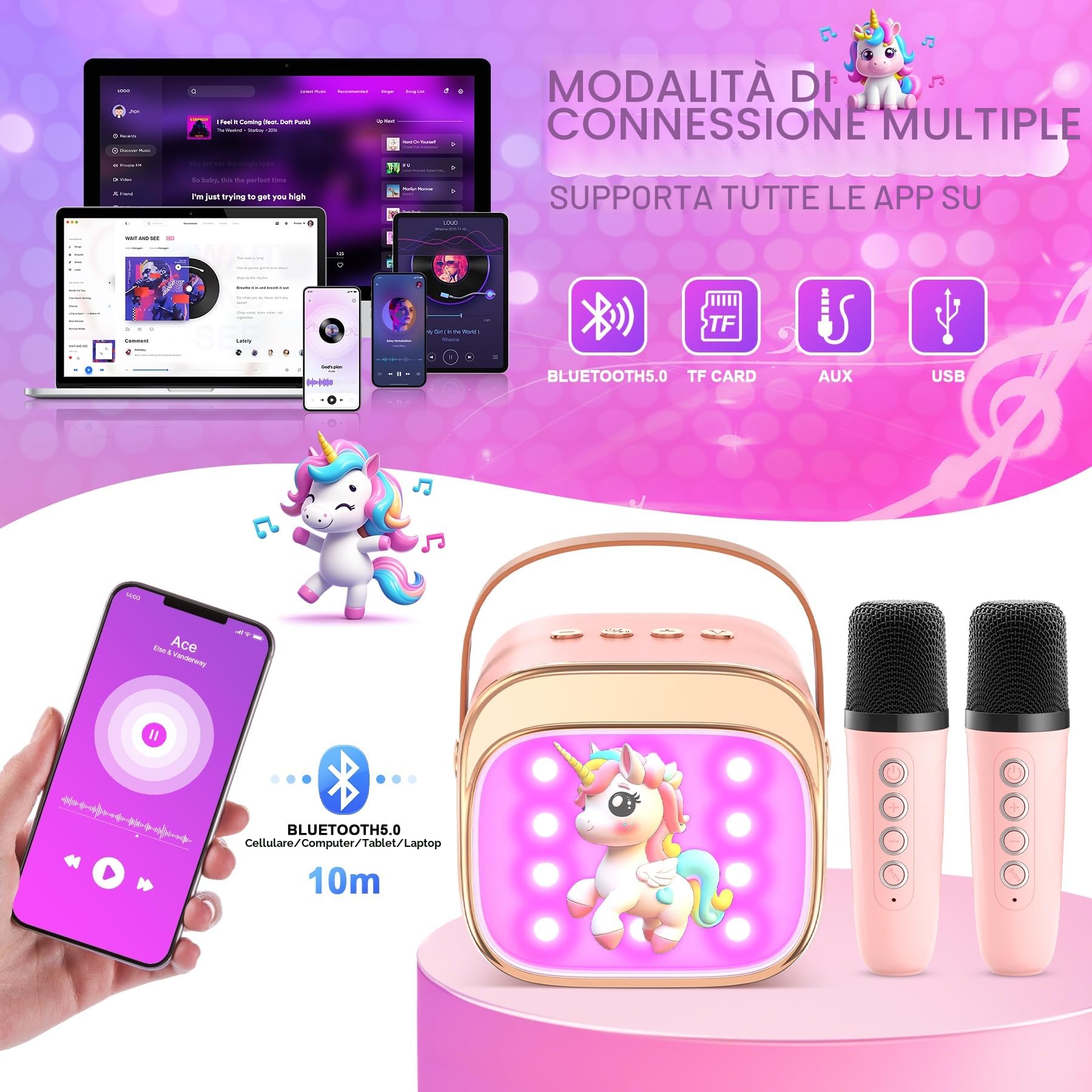 Karaoke con 2 Microfoni Bambini Macchina Musicale LED Regalo Bambine 3-12 Anni Unicorno