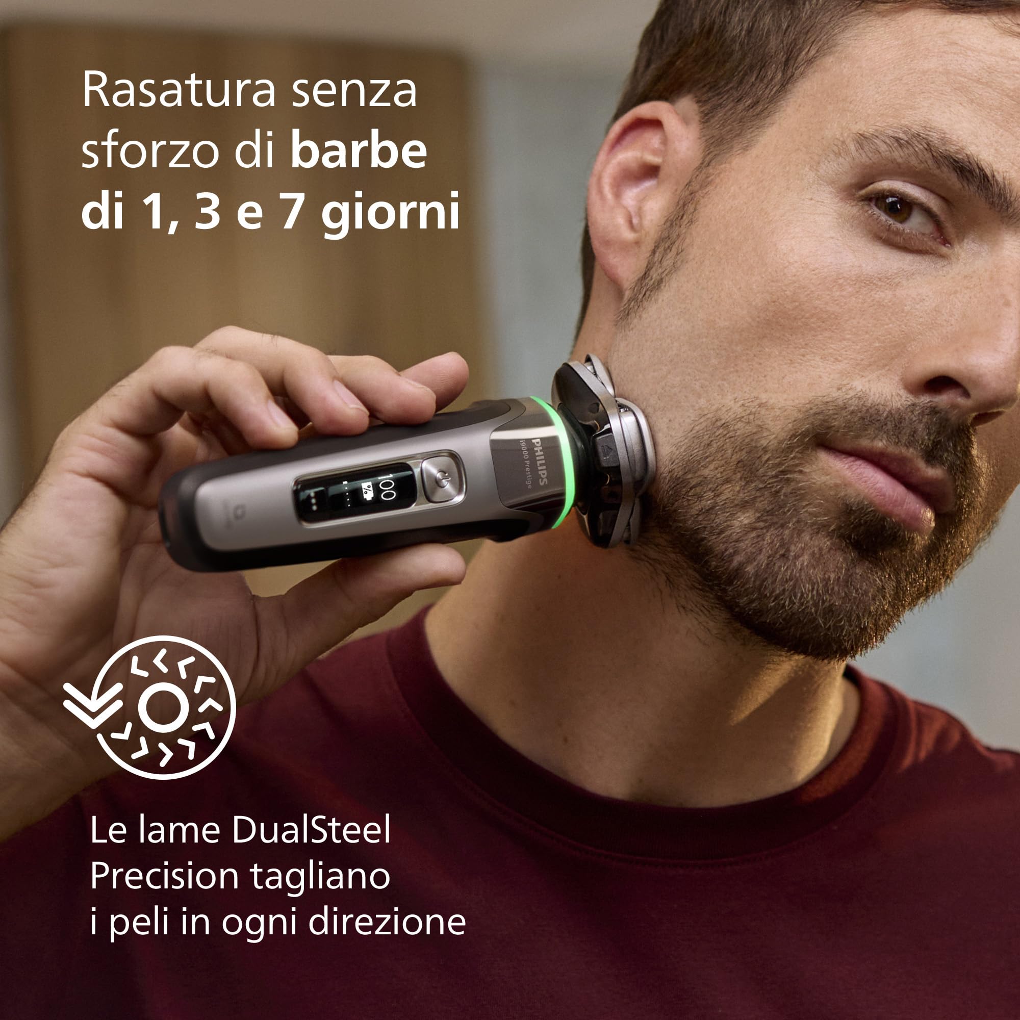 Philips Shaver i9000 Prestige, rasoio elettrico Wet & Dry, tecnologia Skin IQ, triplo sistema di sollevamento e taglio, doppie lame di precisione in acciaio 360º, styler per barba, modello XP9202/33