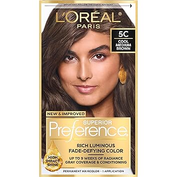 LOreal Paris Superior Preference Luminous Fade-Defying Permanent Hair Color, Hair Dye For Up to 9 Weeks of Radiance, Cool Medium Brown 5C, 1 Hair Dye Kit