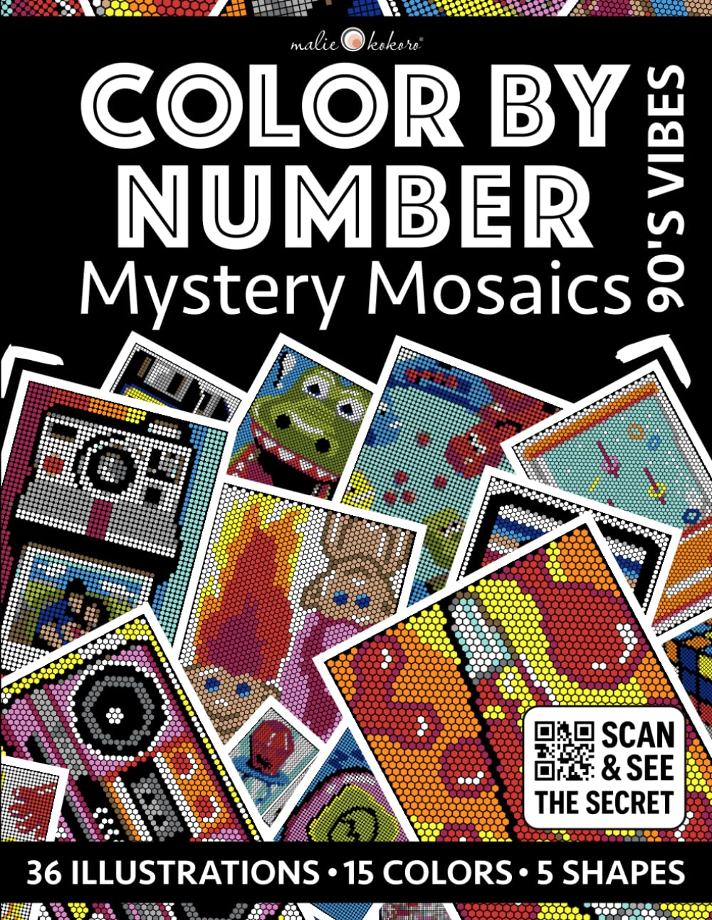Color by Number: 90's Vibes | Mystery Mosaics Coloring Book for Adults | Black Background Edition: Color Quest with Circle, Square, Triangle, Diamond, ... (Color by Number - Black Edition | Pixelart)