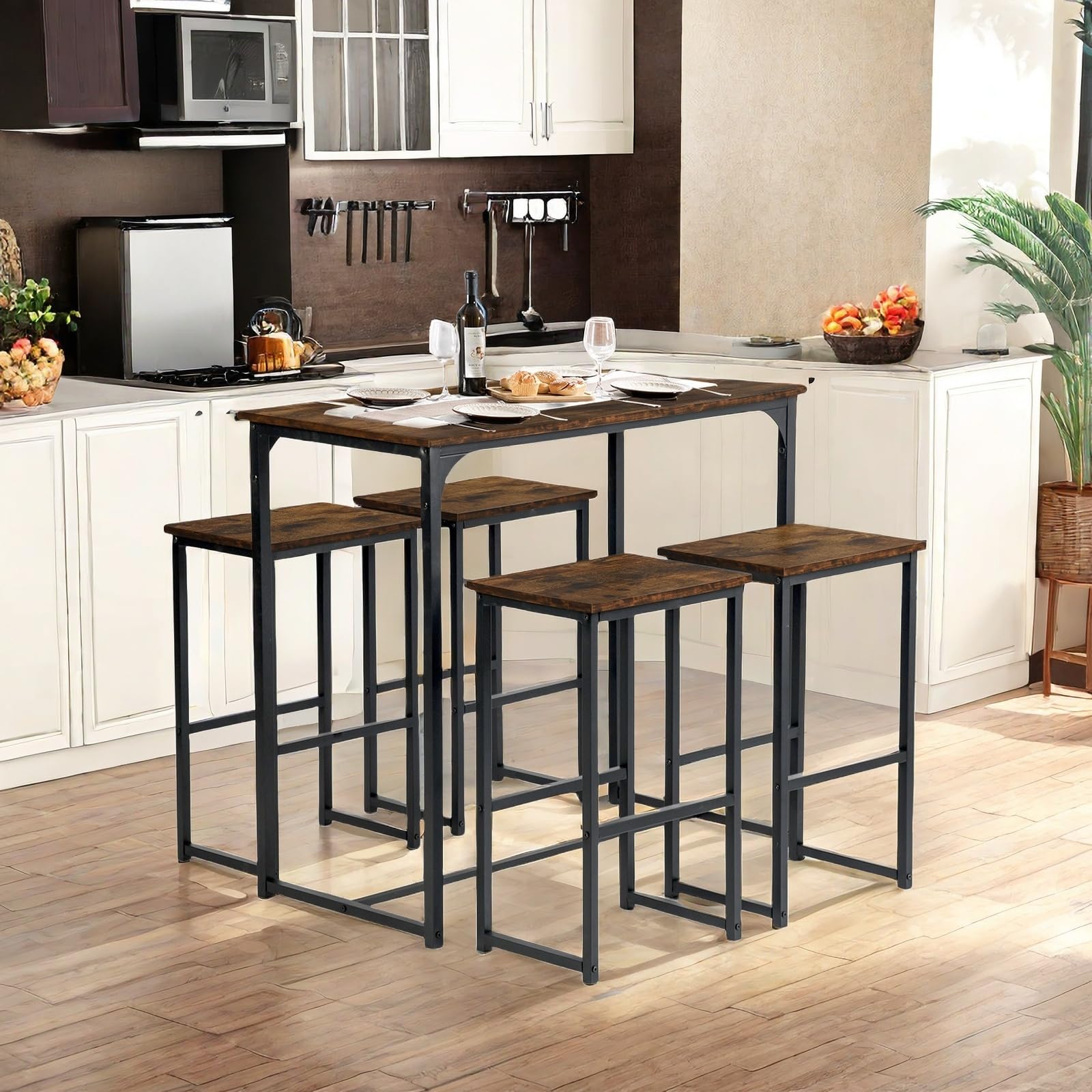 Tavolo Bar con 4 Sgabelli, Set Tavolo Cucina Penisola Vintage (100x50x90cm) - MDF+Ferro Robusto, Sedia con Poggiapiedi Anti-Graffio, Adatto per Sala da Pranzo Balcone Bistrot (Marrone Retrò)