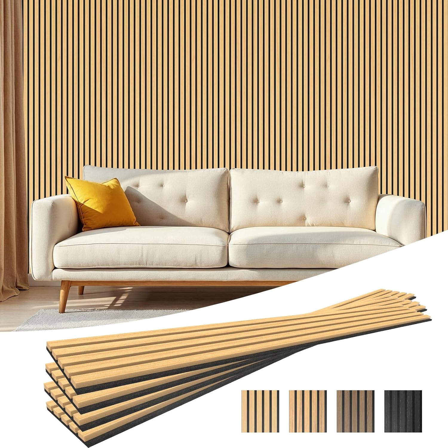4-Piece Acoustic Wood Wall Panels for Wall and Ceiling, 3D Fluted Soundproof Wood Slat Wall Panels for Interior Wall Decor, 94.5" x 7.9"-Light Walnut