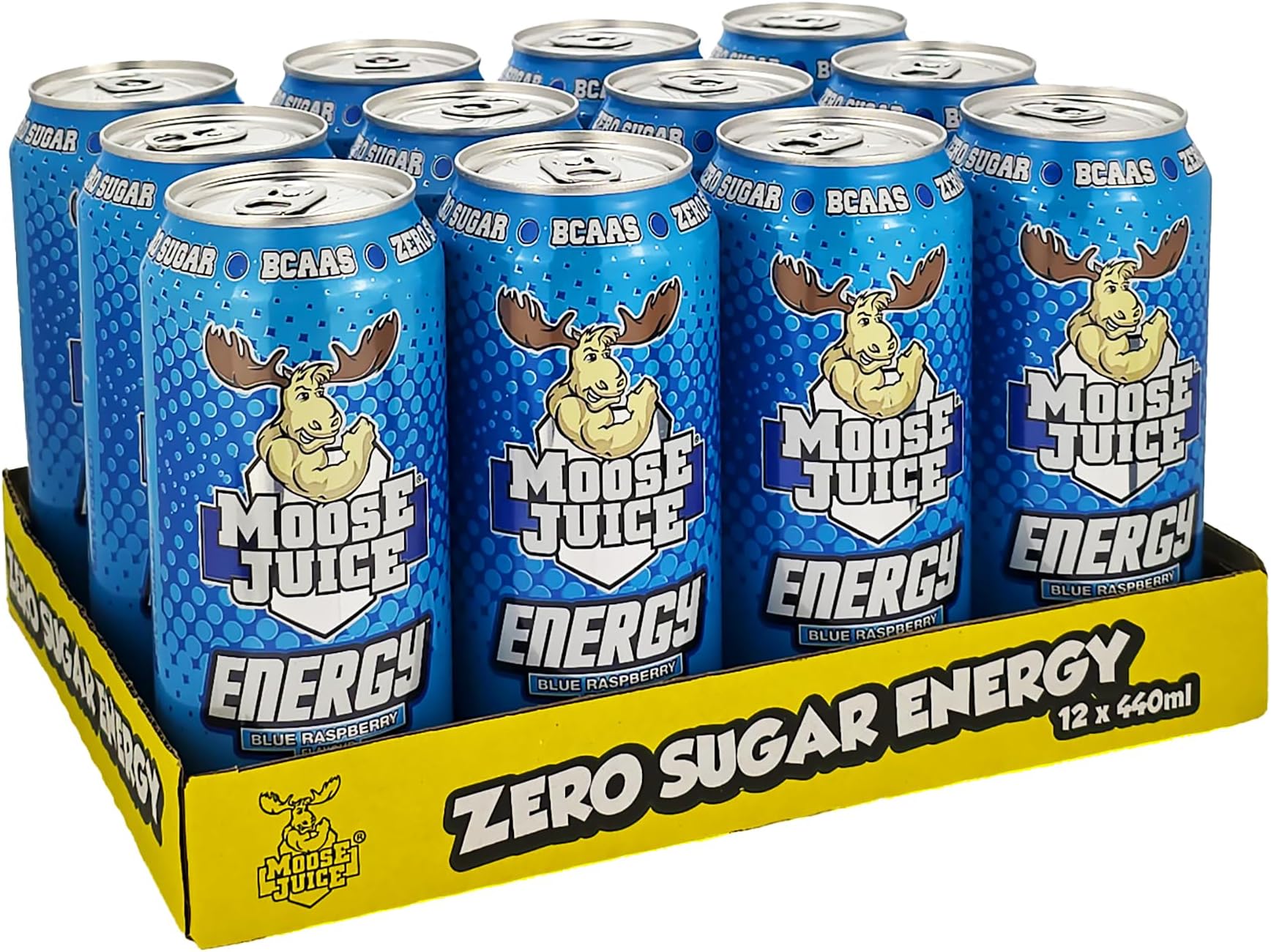 Moose Juice // Clean Energy + BCAA Drink // Only 14 kcal // 141mg Caffeine // Zero Sugar & Aspartame // Vitamins // Blue Raspberry Flavour // 12 x 440ml Cans